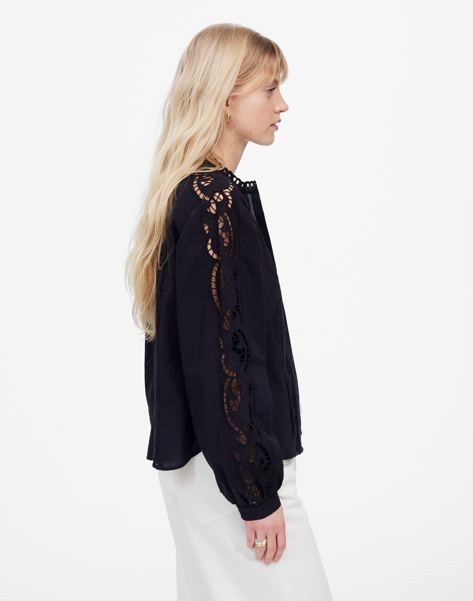 Lace-Inset Pintucked Button-Up Top