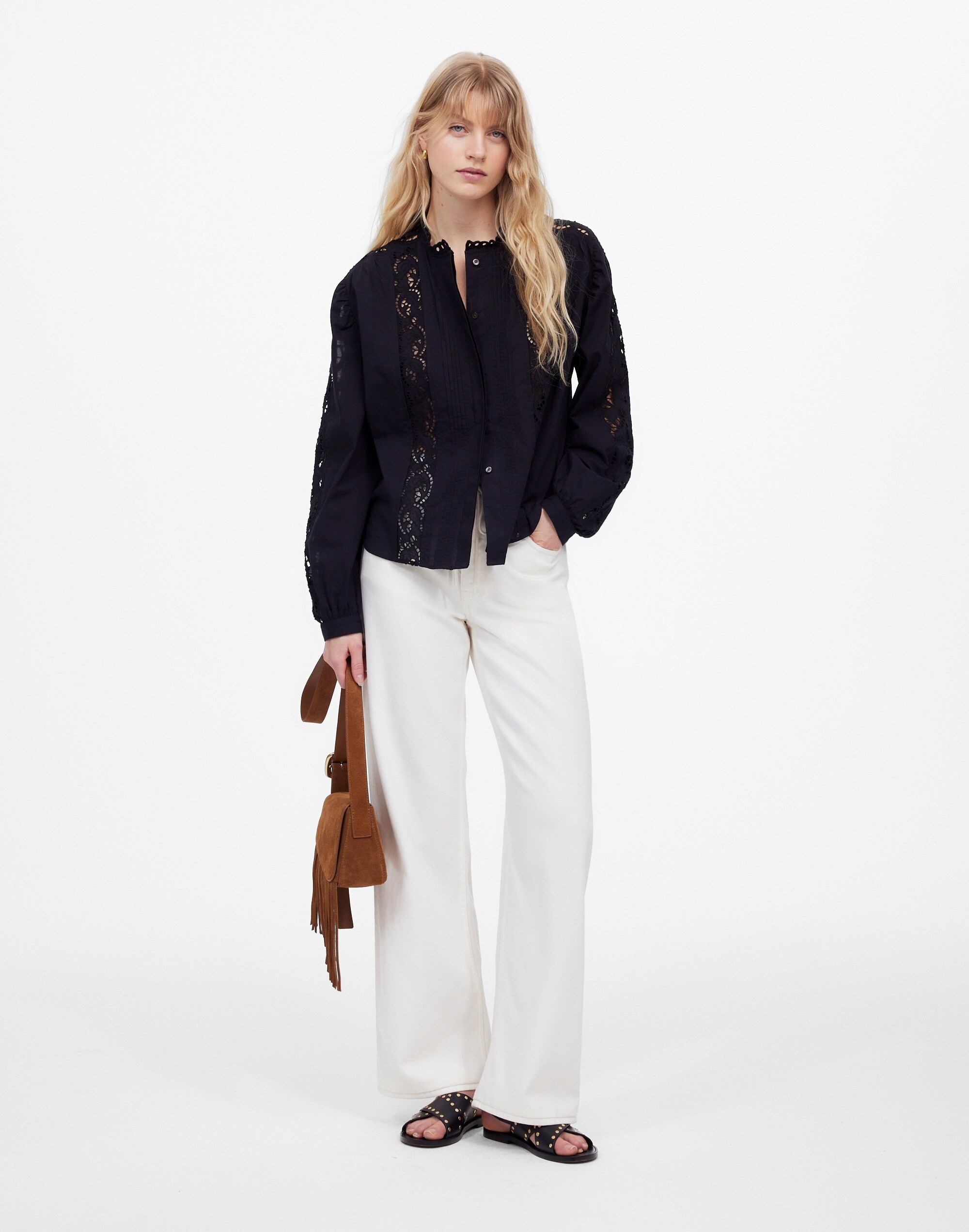 Lace-Inset Pintucked Button-Up Top