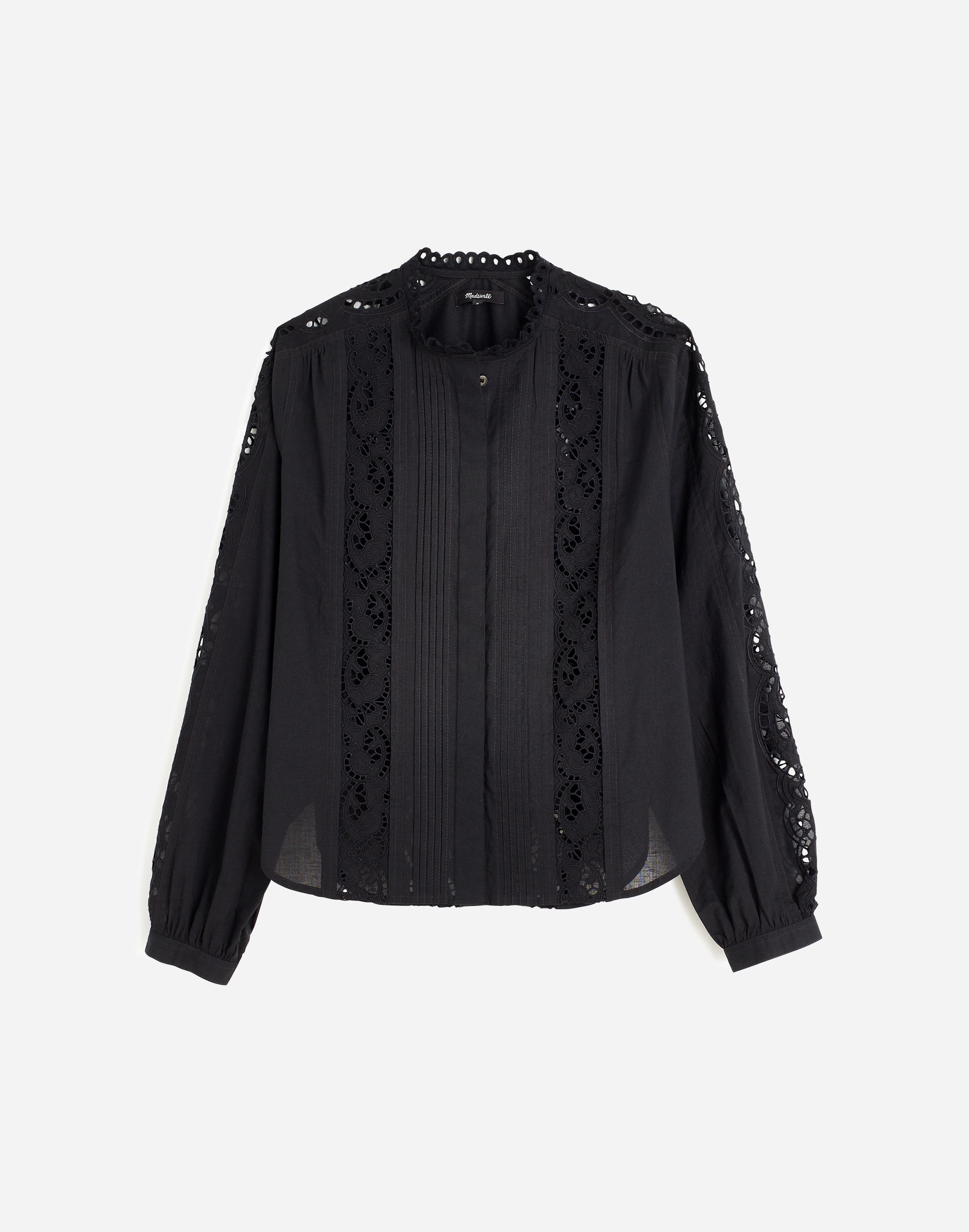 Lace-Inset Pintucked Button-Up Top