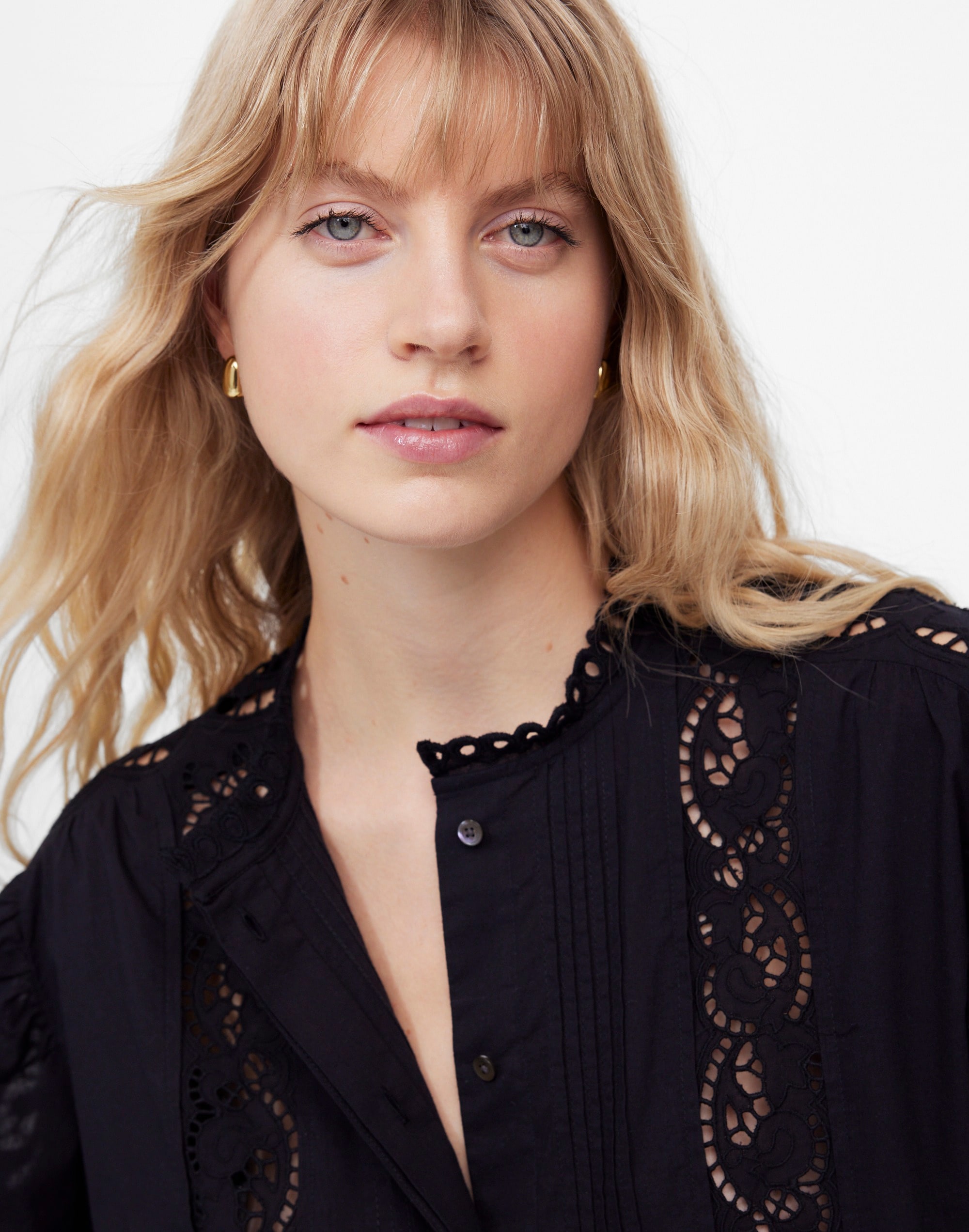 Lace-Inset Pintucked Button-Up Top