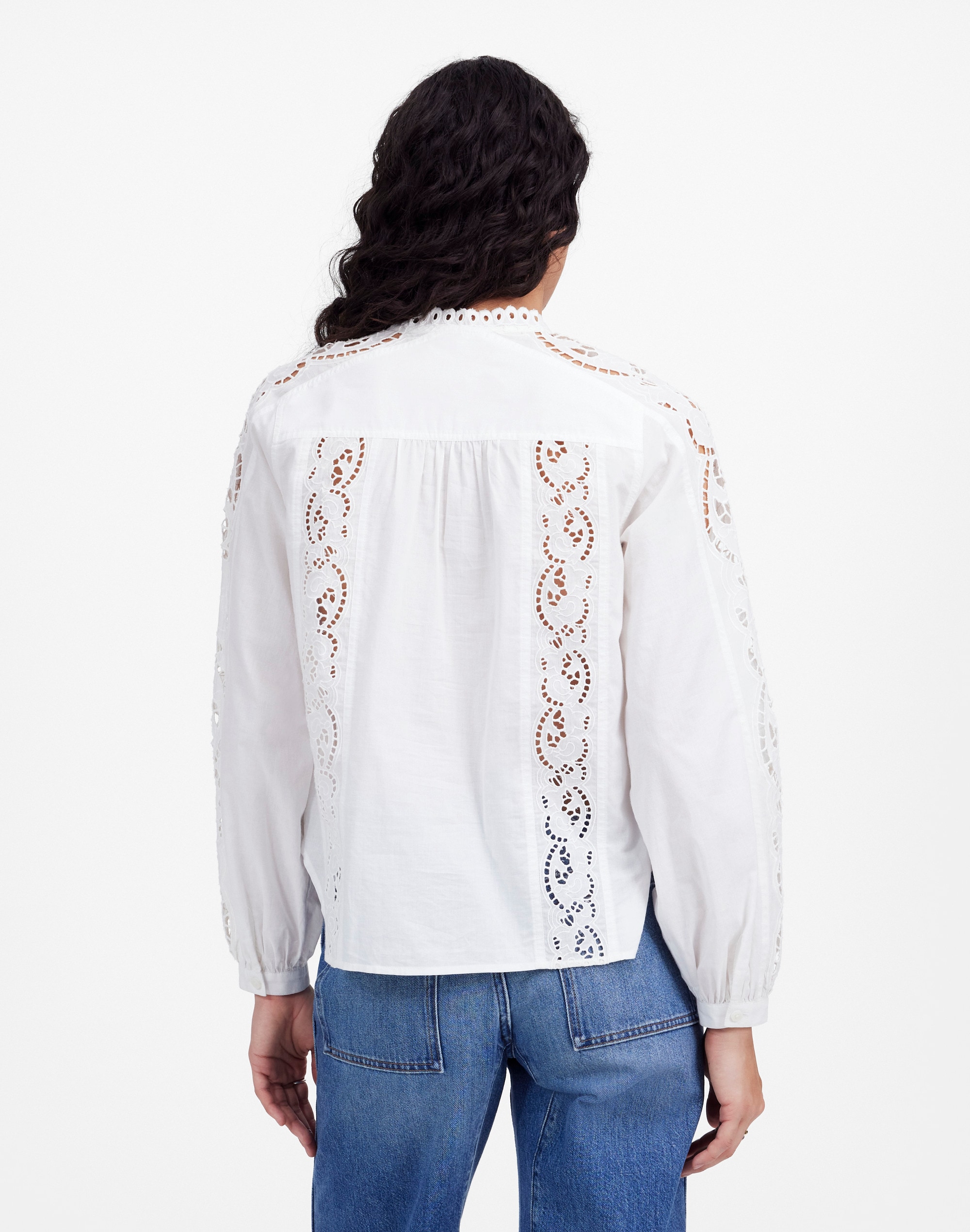 Lace-Inset Pintucked Button-Up Top