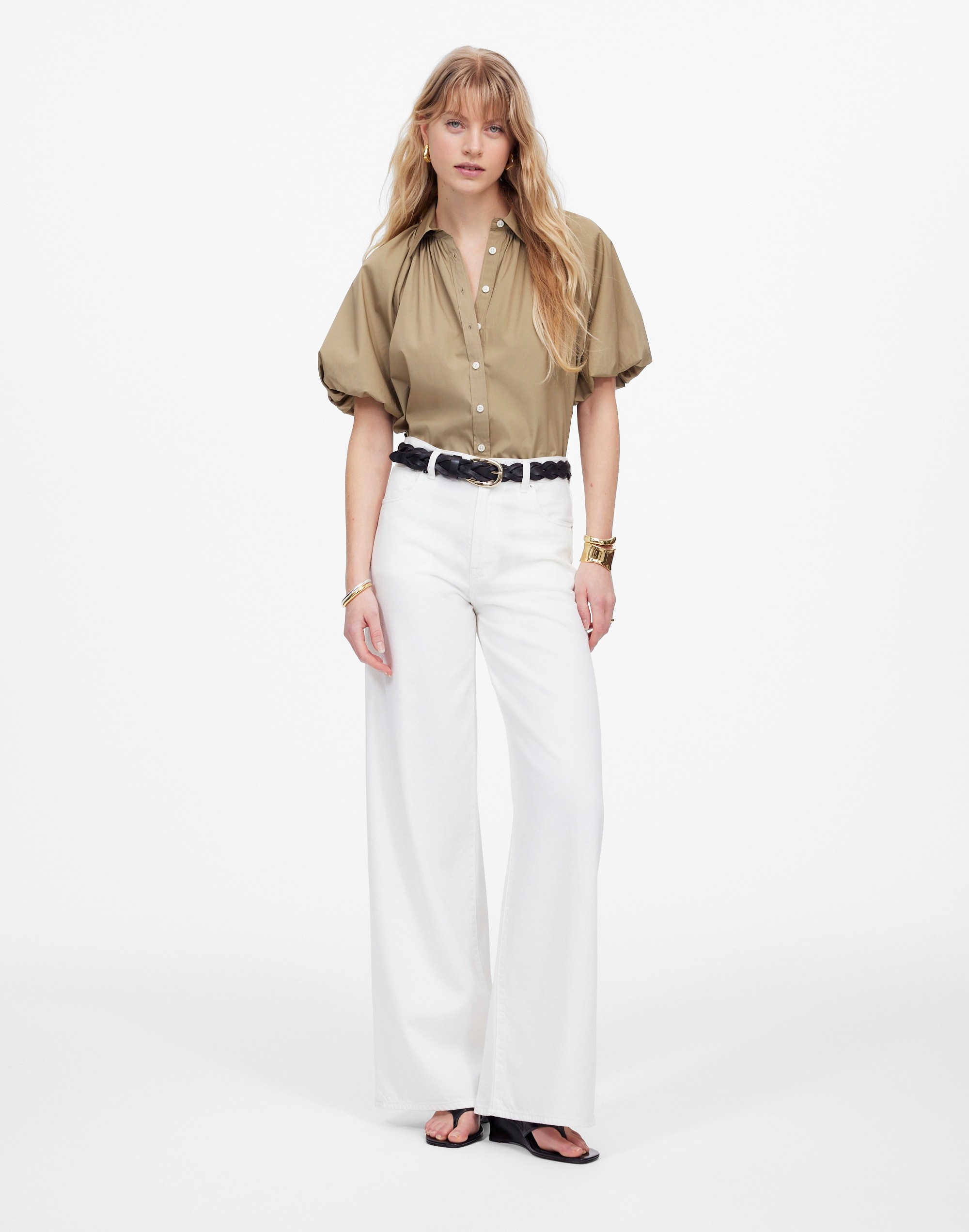 Shirred Bubble-Sleeve Button-Up Shirt