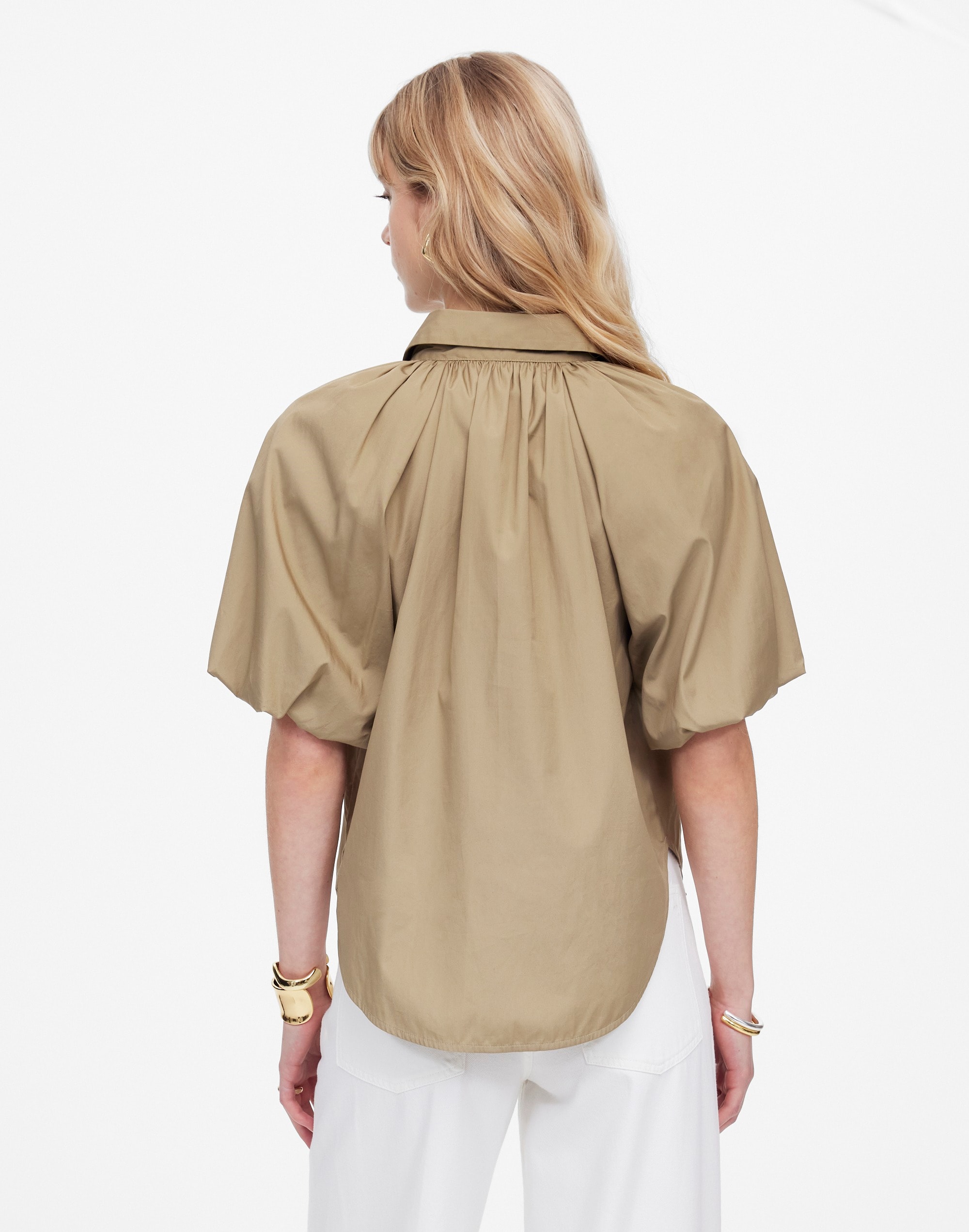 Shirred Bubble-Sleeve Button-Up Shirt