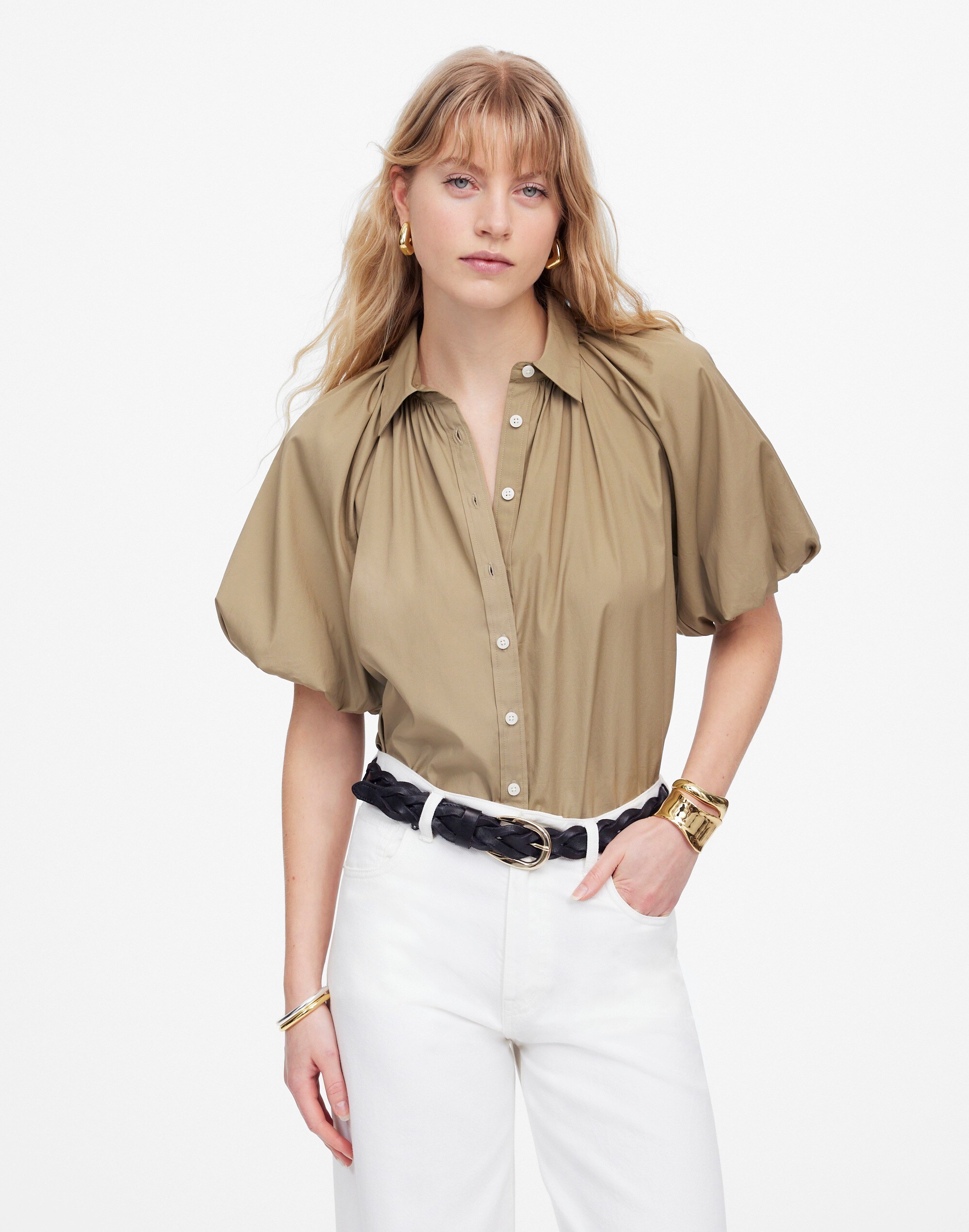 Shirred Bubble-Sleeve Button-Up Shirt