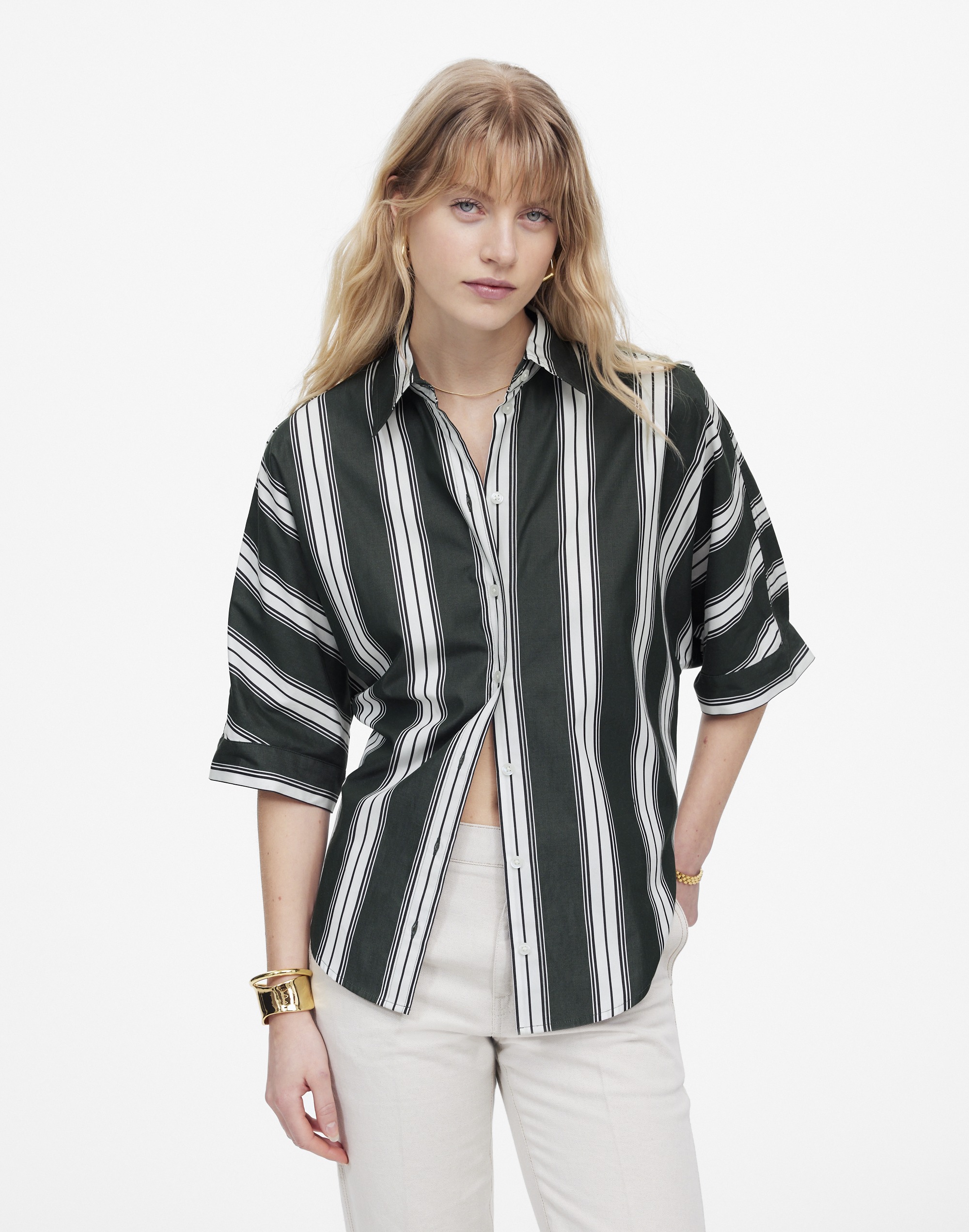 Oversized Pleated-Sleeve Button-Up Shirt