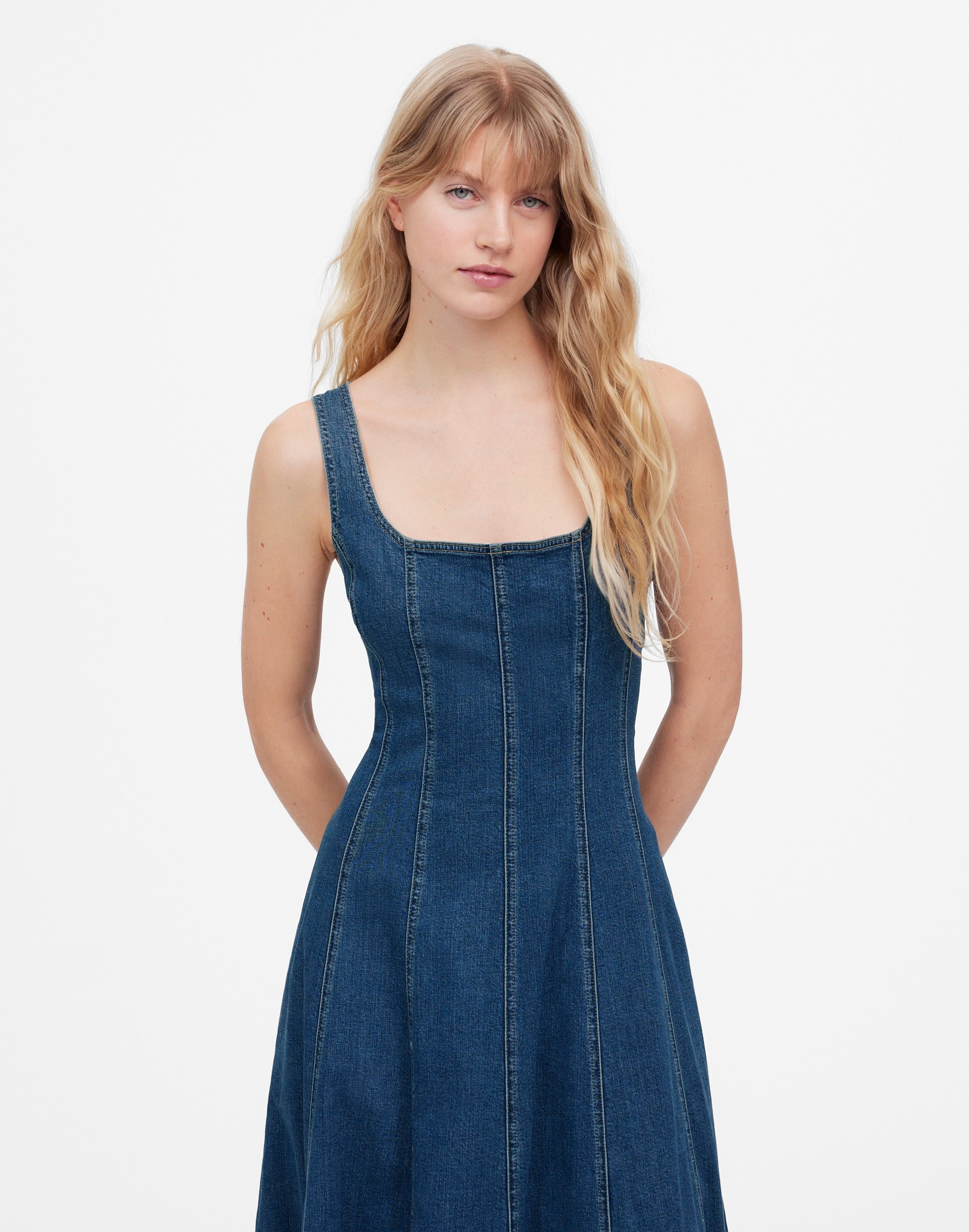 Denim Seamed Flare Midi Dress in Croswell Wash