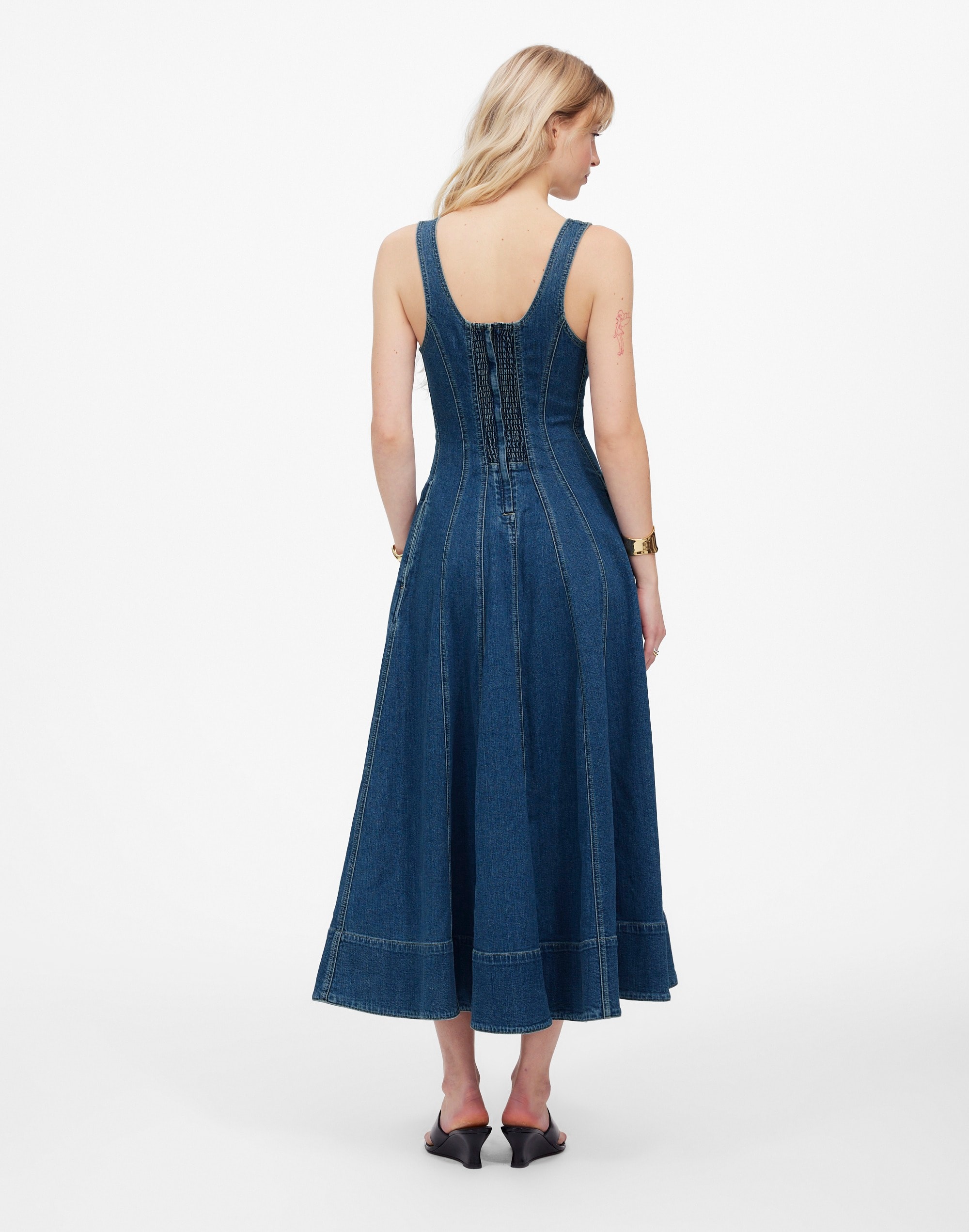 Denim Seamed Flare Midi Dress in Croswell Wash