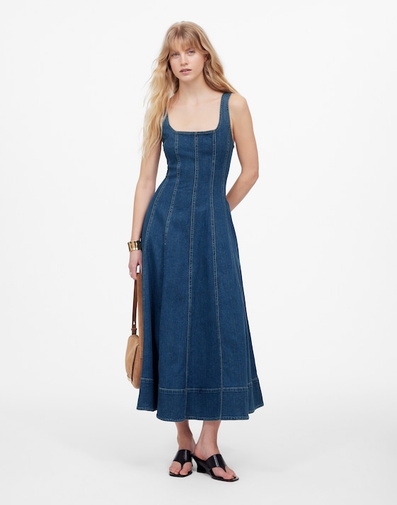madewell jean dress Denim A-Line Sleeveless Mini in Fitzgerald Wash Women's : 14 Crafted from a blend of 60% lyocell Women's Denim Smocked Boatneck Midi