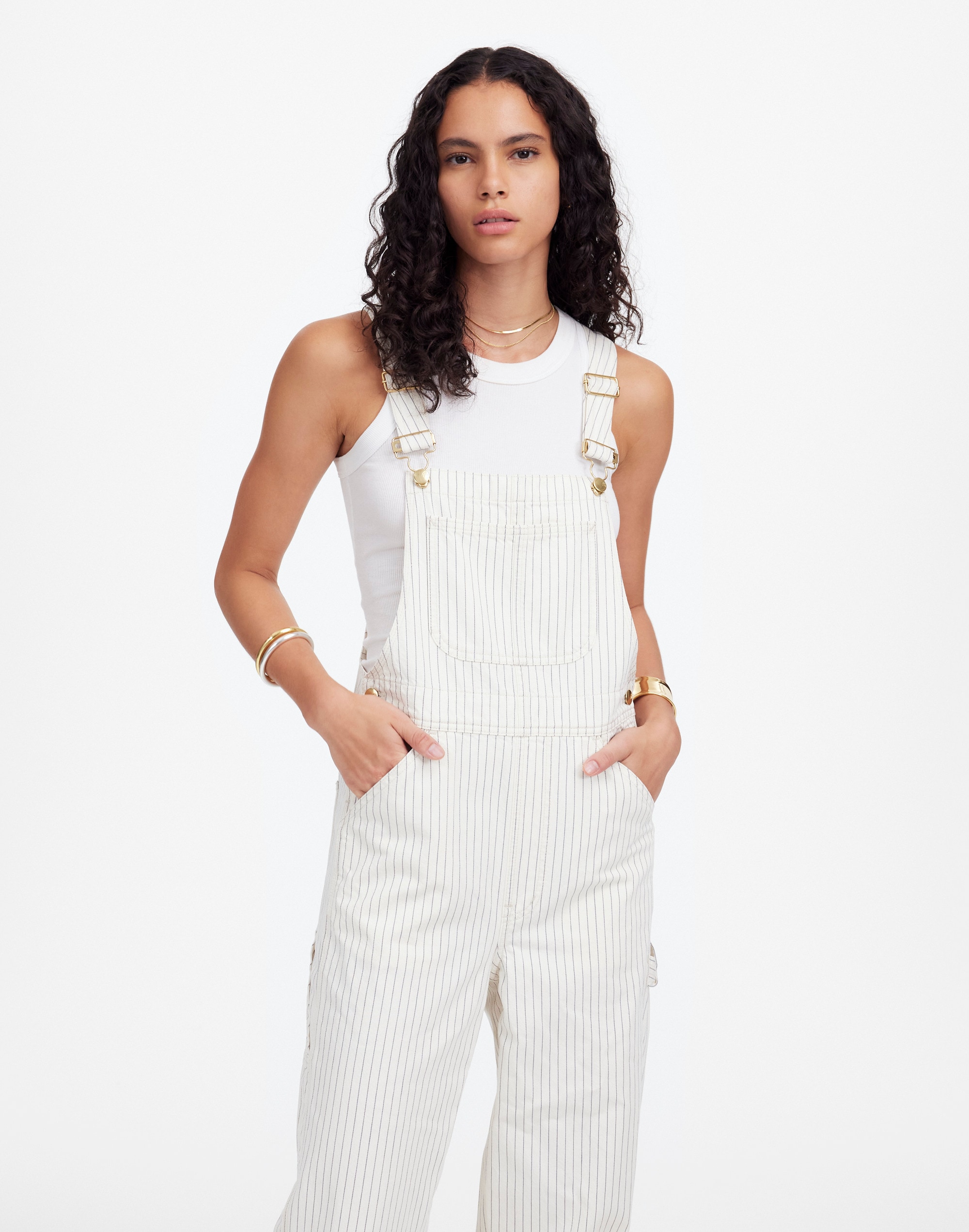 Denim Relaxed Carpenter Overalls in Ecru Pinstripe