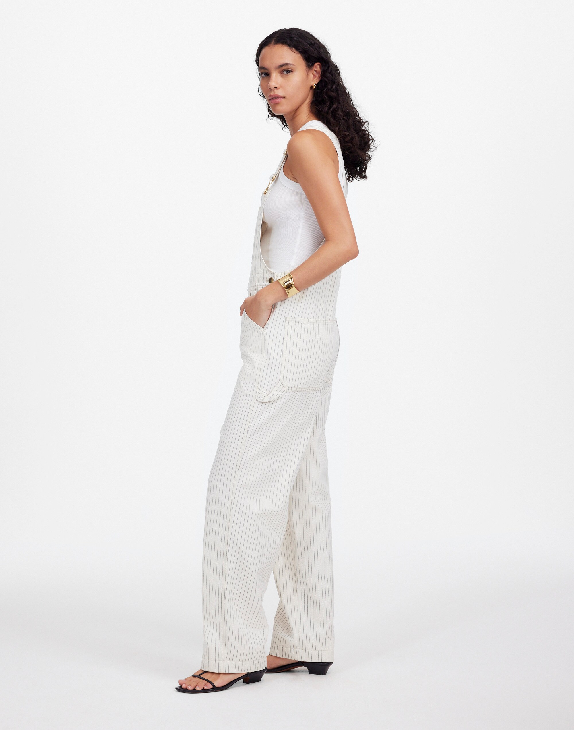 Denim Relaxed Carpenter Overalls in Ecru Pinstripe