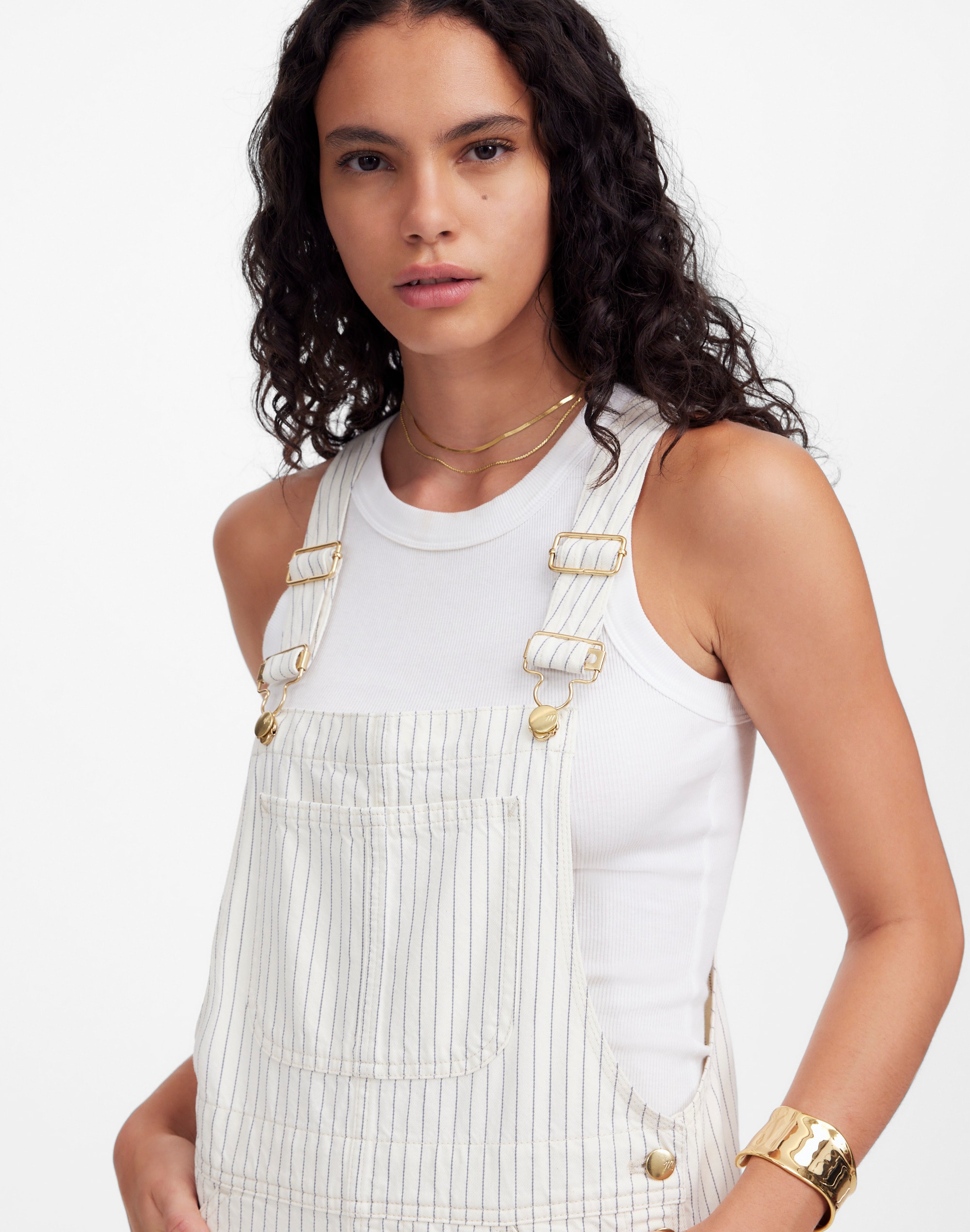 Denim Relaxed Carpenter Overalls in Ecru Pinstripe