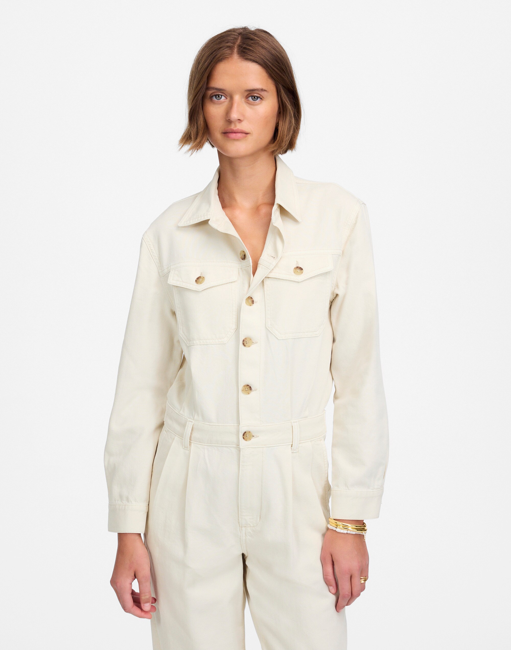 Denim Pleated Barrel-Leg Jumpsuit in Vintage Canvas