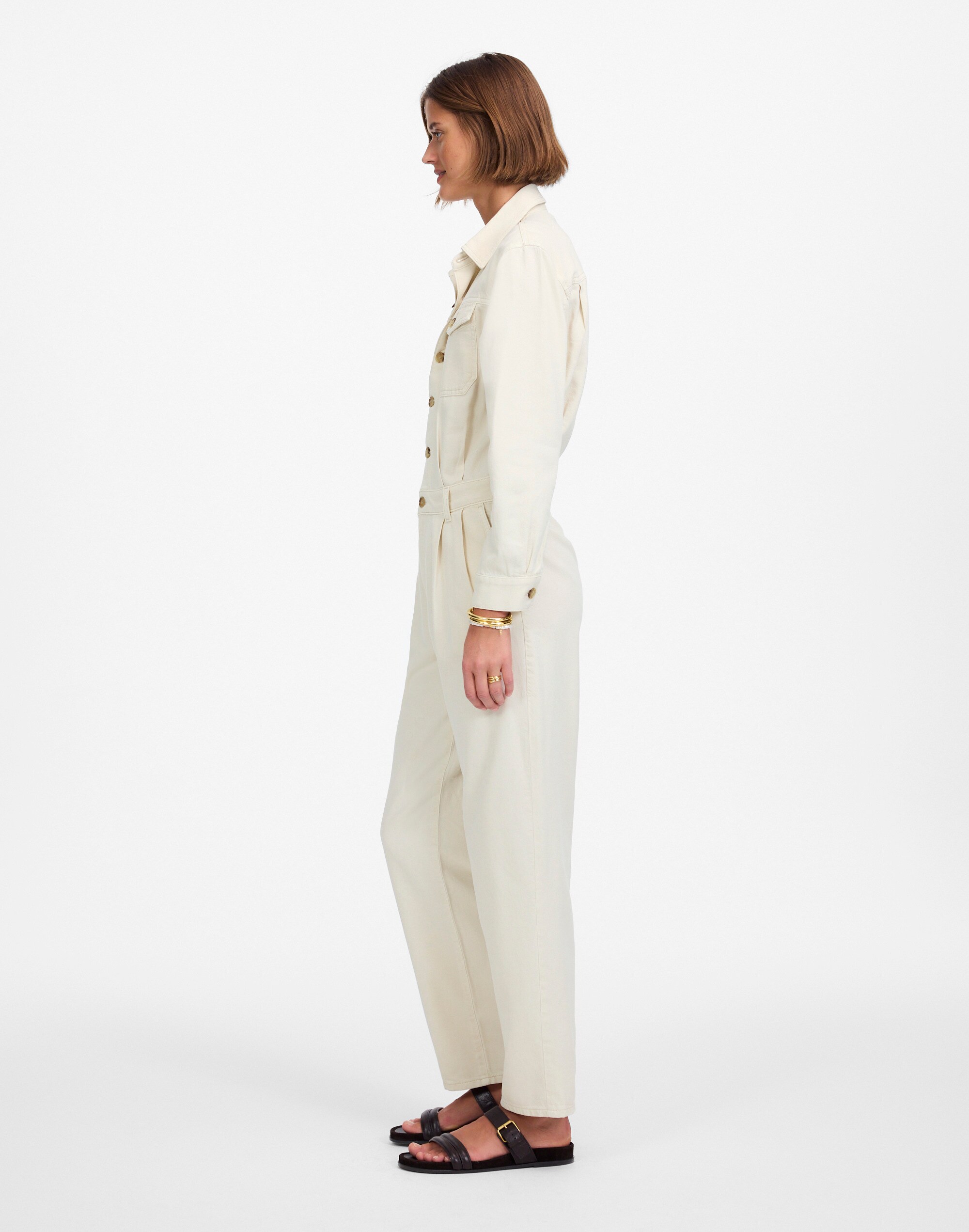 Denim Pleated Barrel-Leg Jumpsuit in Vintage Canvas