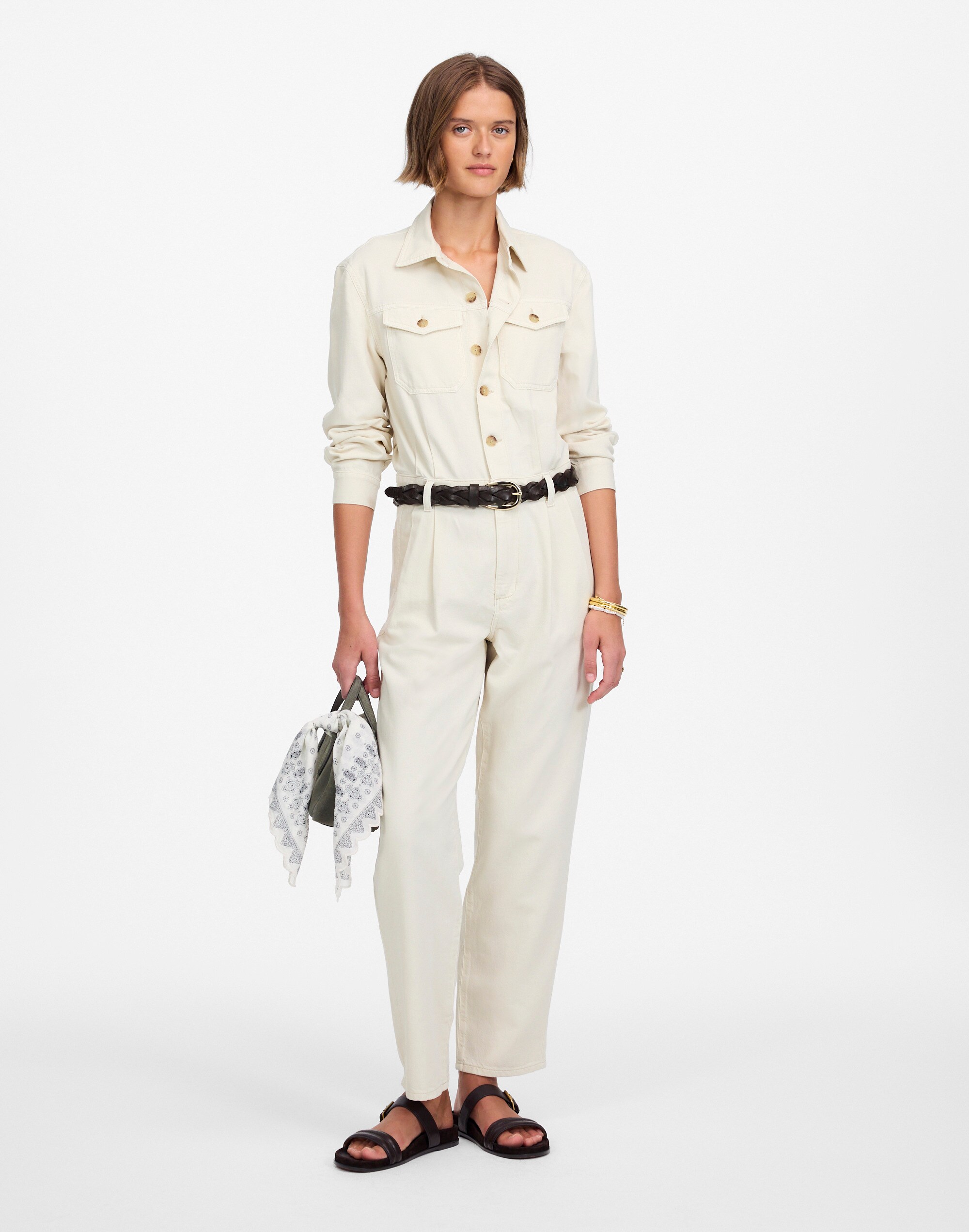 Denim Pleated Barrel-Leg Jumpsuit in Vintage Canvas