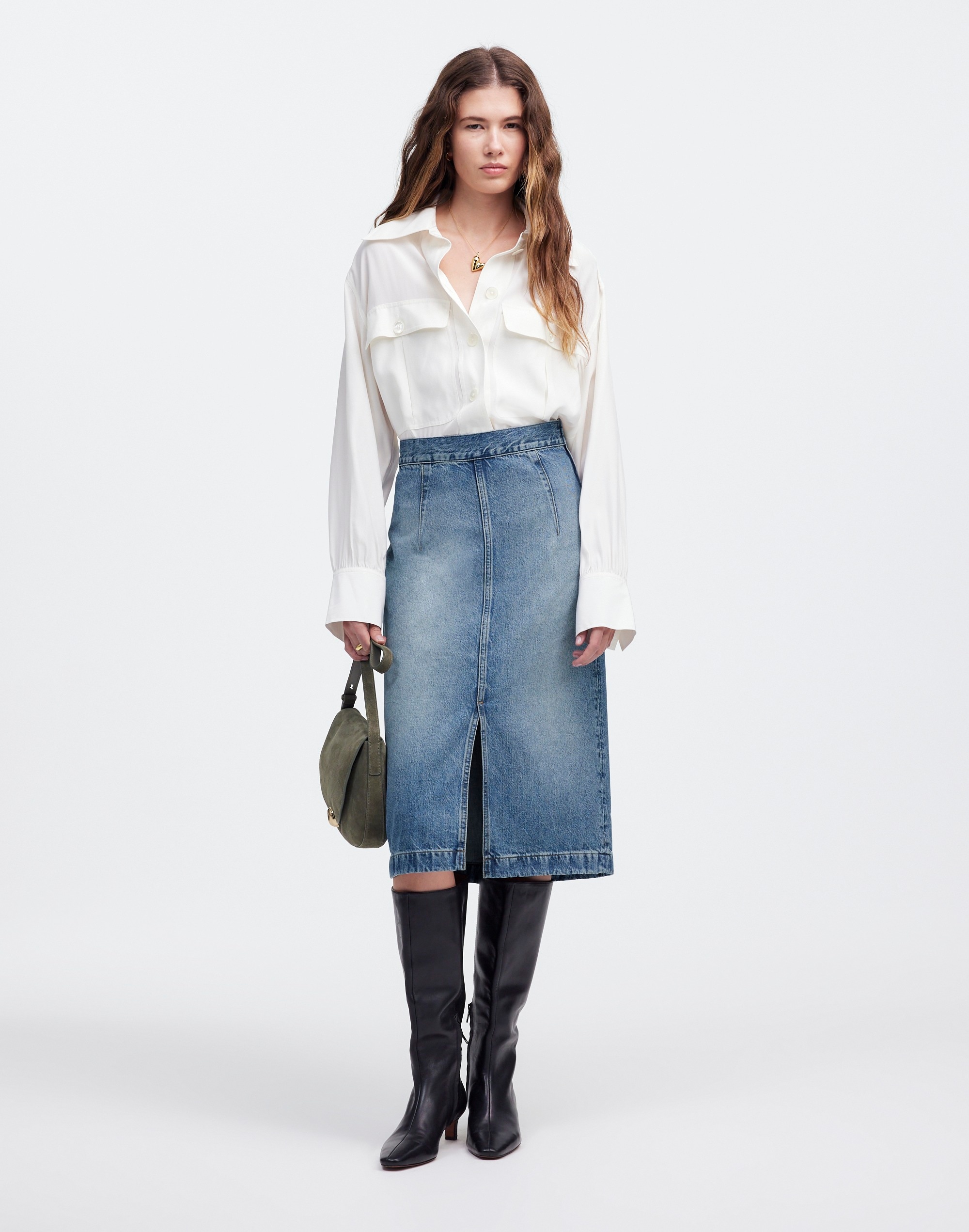 Denim Midi Pencil Skirt in Billings Wash