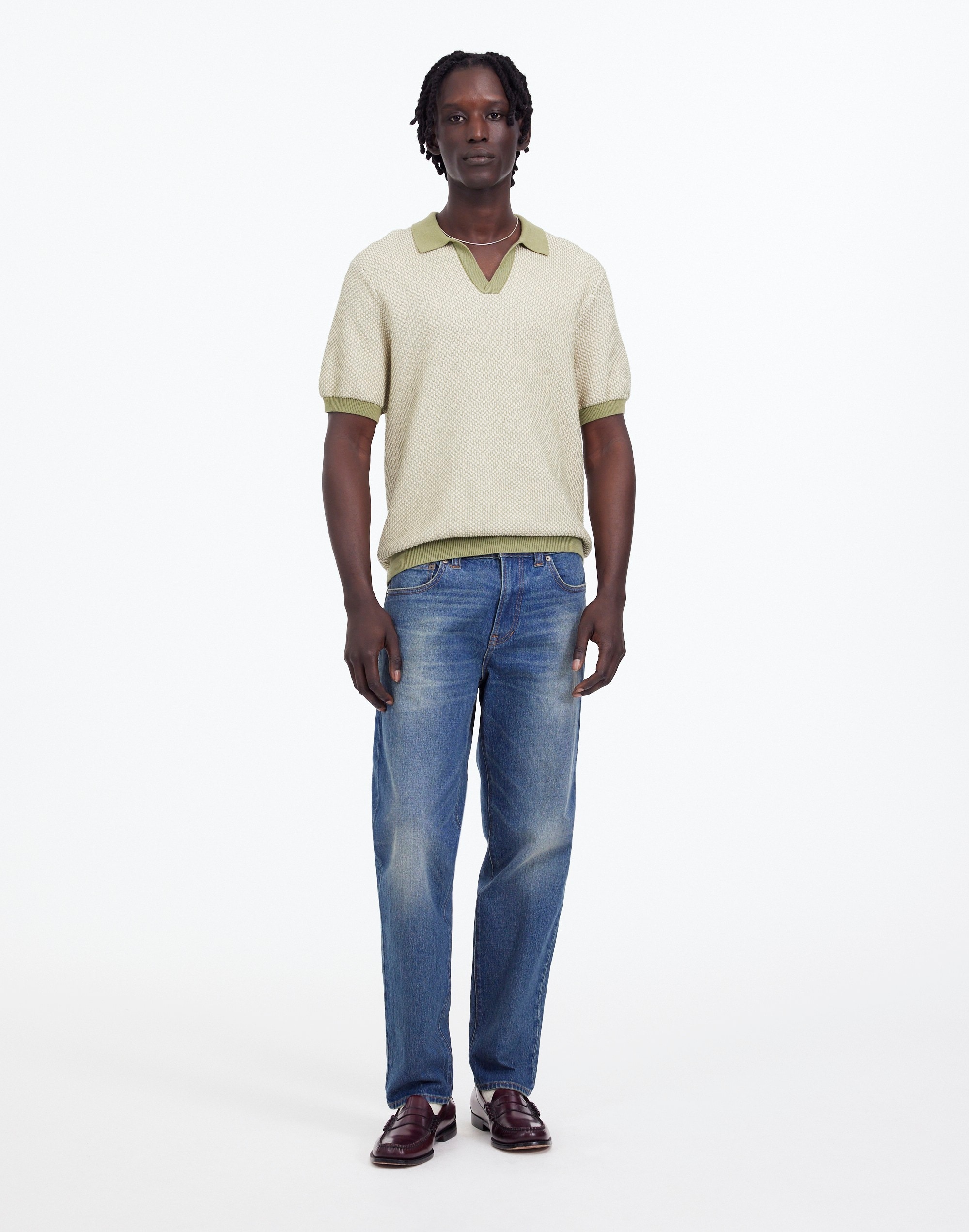 Honeycomb Stitch Johnny-Collar Sweater Polo