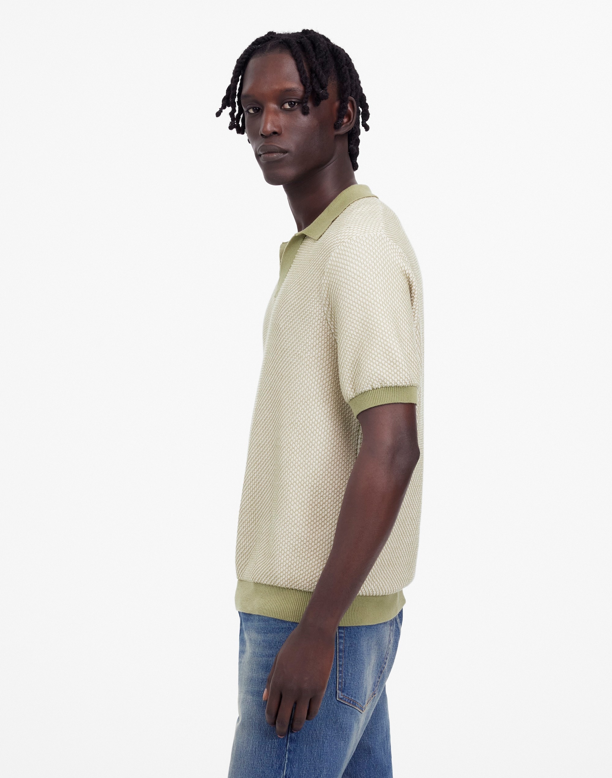 Honeycomb Stitch Johnny-Collar Sweater Polo