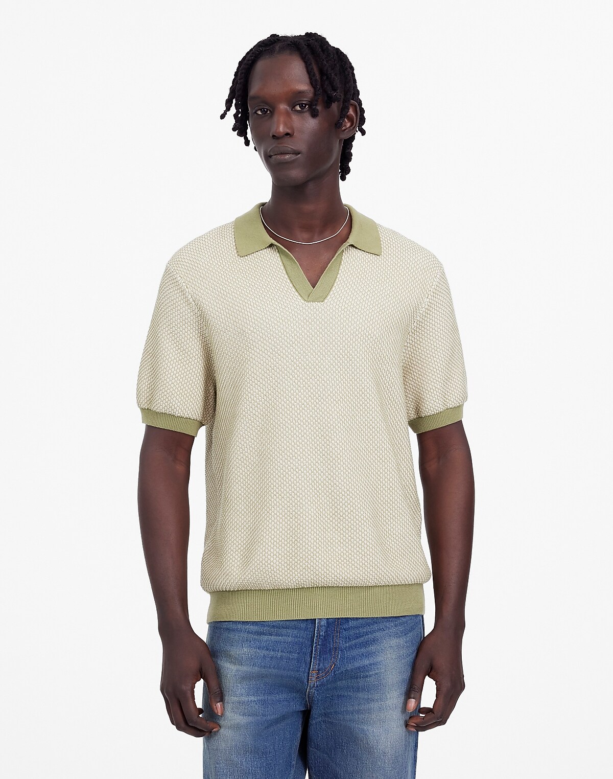 Honeycomb Stitch Johnny-Collar Sweater Polo