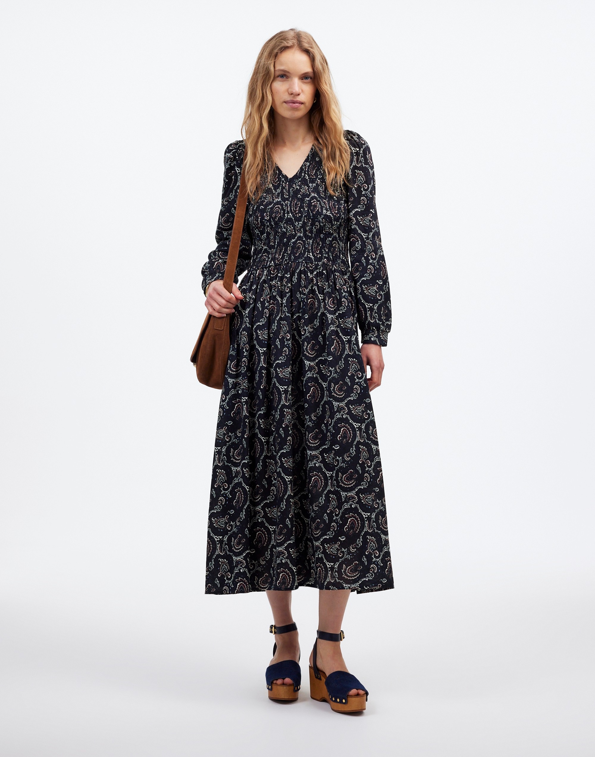 smocked v-neck midi dress in paisley