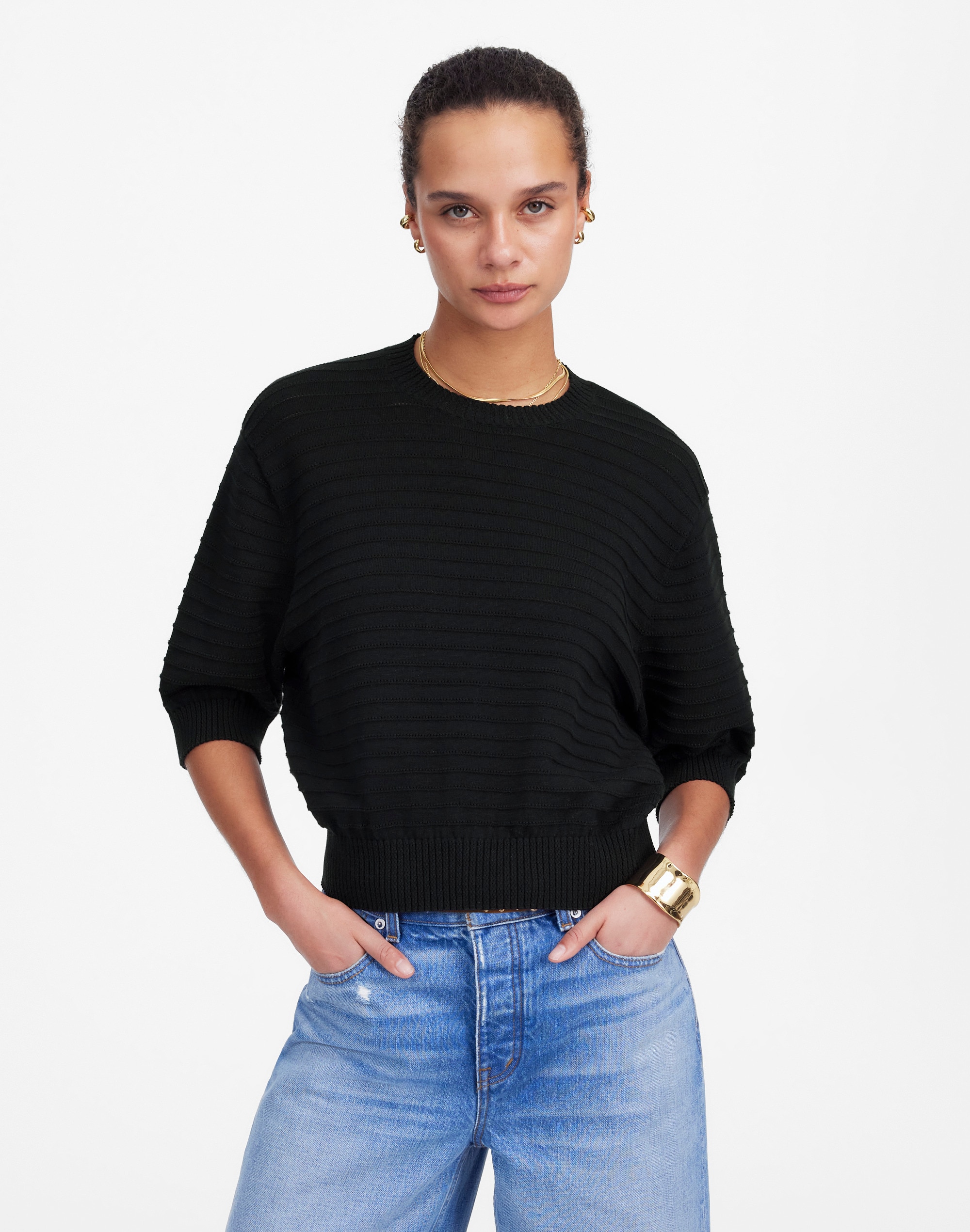 Textural-Stitch Cotton Sweater