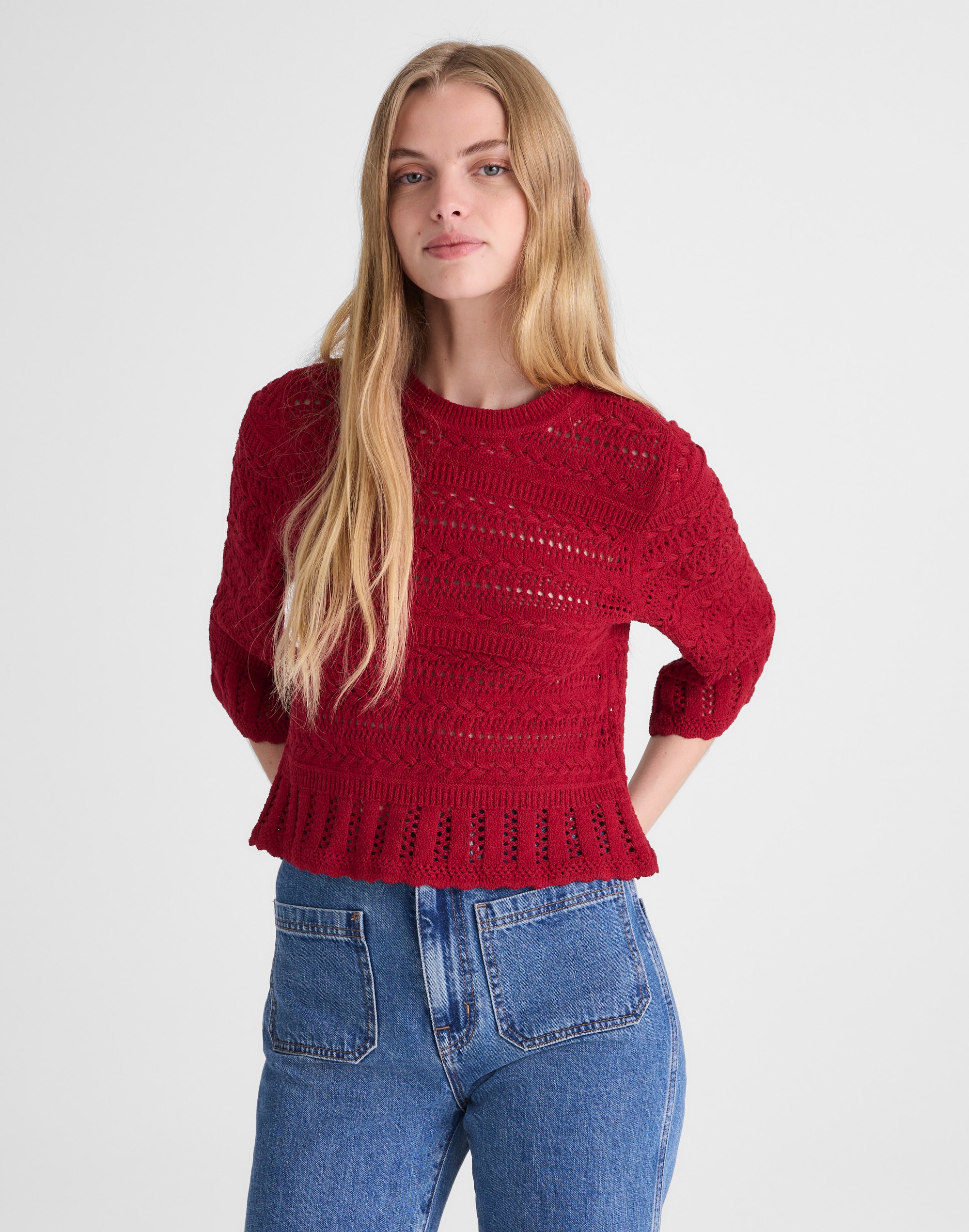 Madewell Scalloped-trim Sweater Tee In Red
