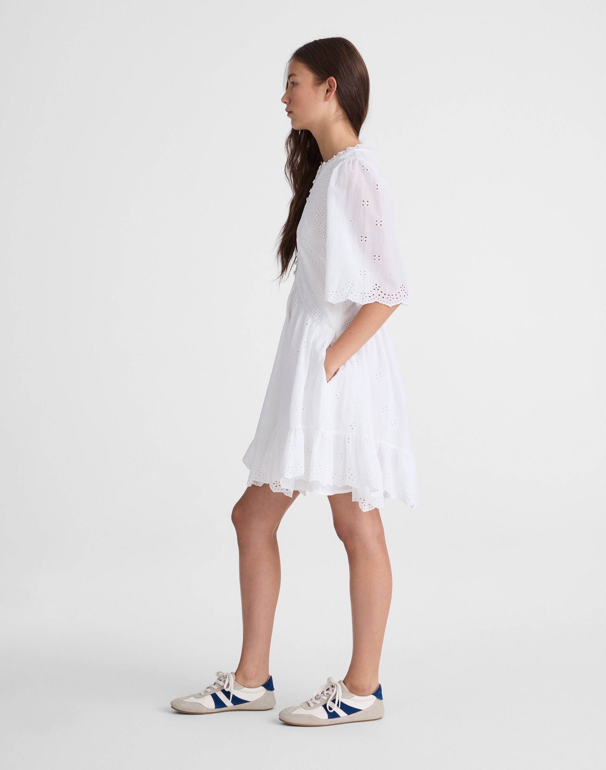 Eyelet Flutter Sleeve Mini Dress in Cotton