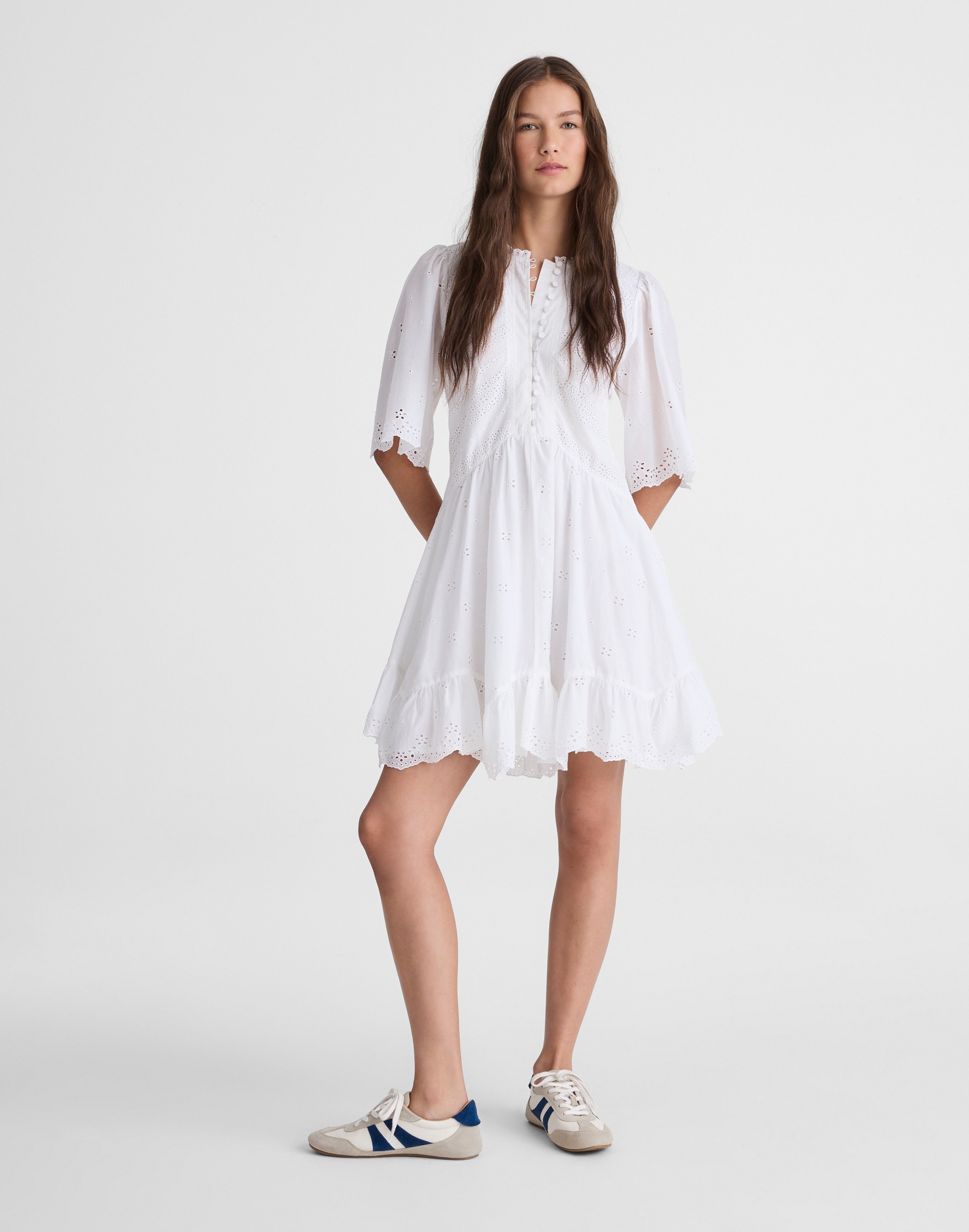 Eyelet Flutter Sleeve Mini Dress in Cotton