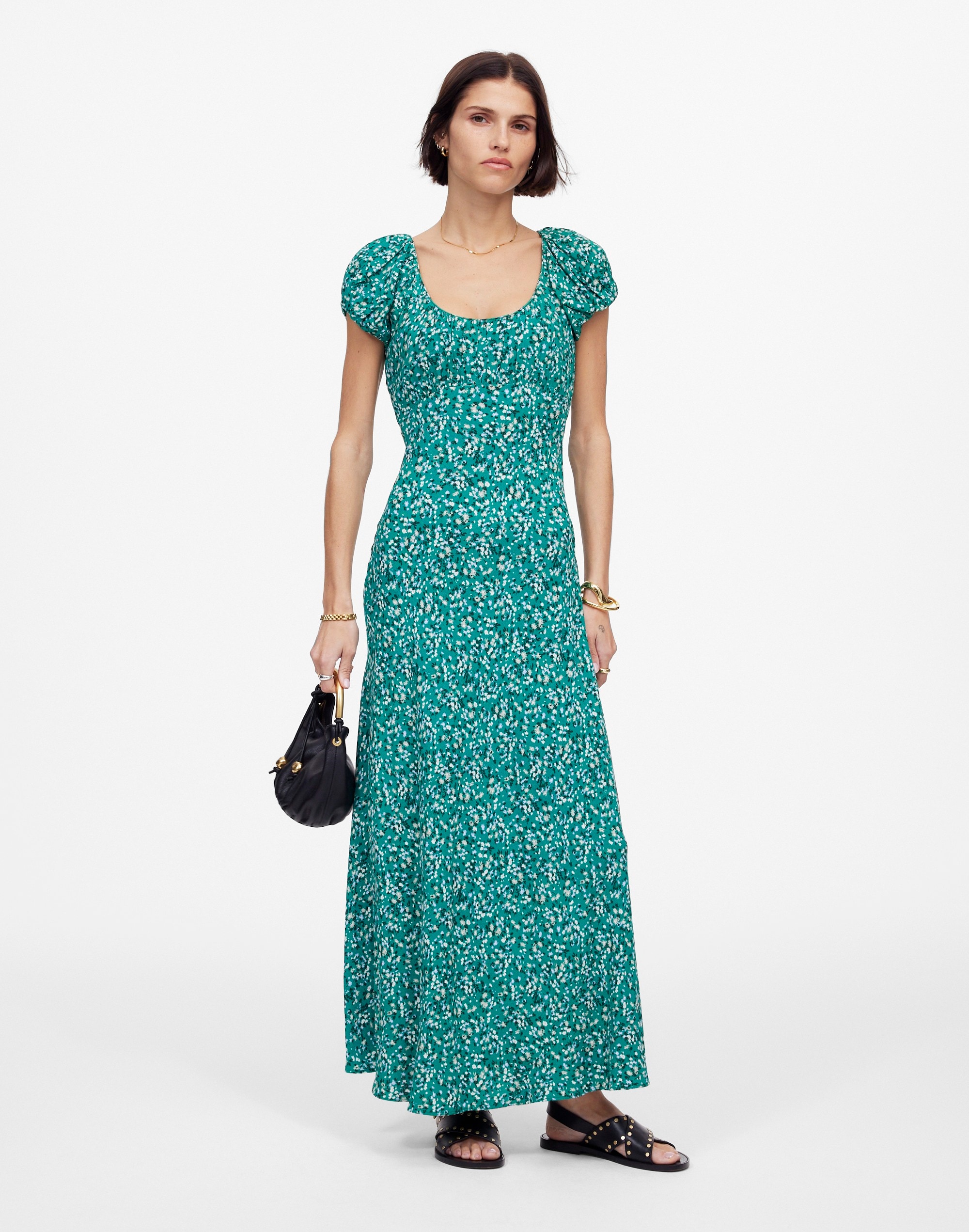 Ruched Scoopneck Midi Dress in Floral