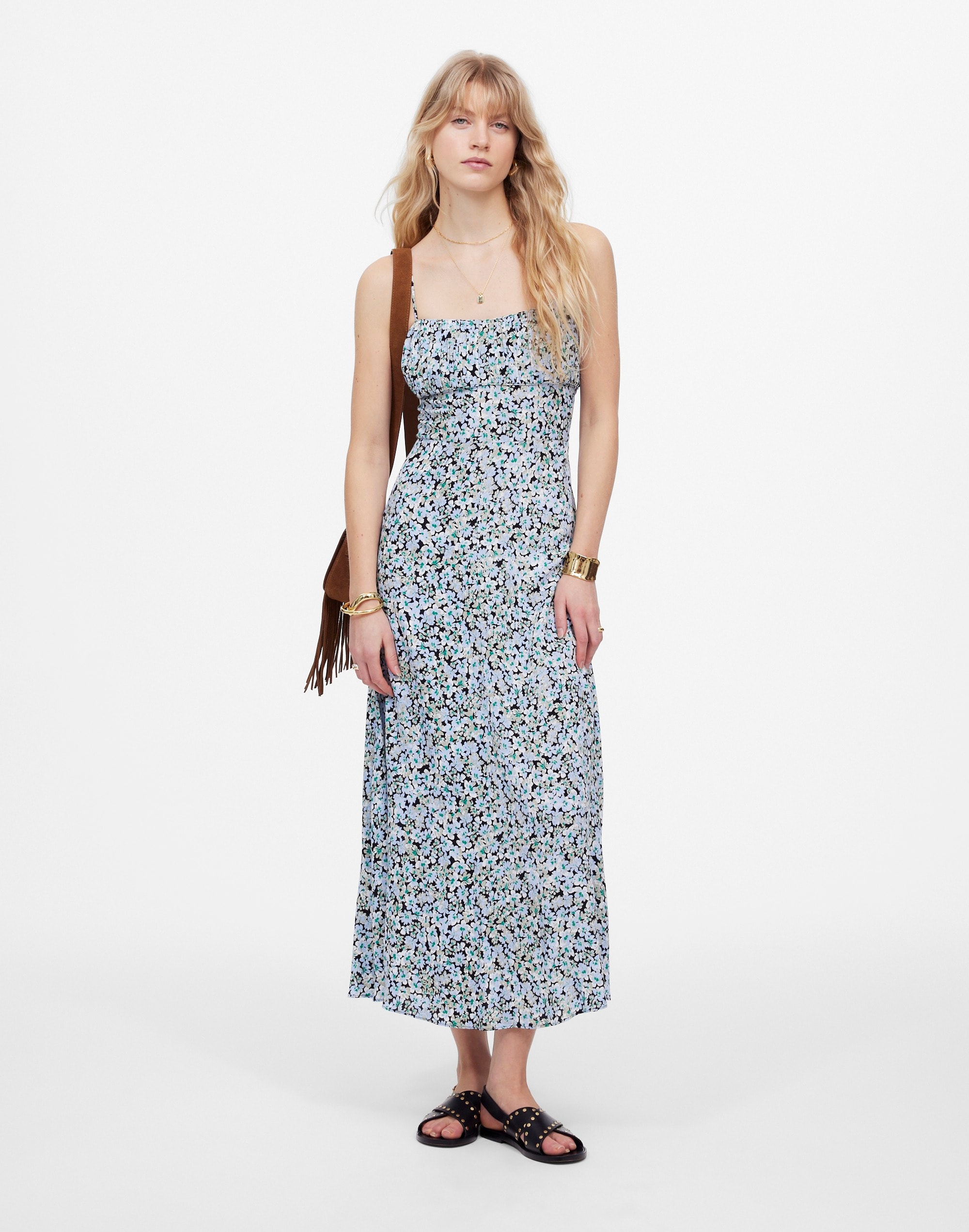 ruched sweetheart sleeveless midi dress in floral