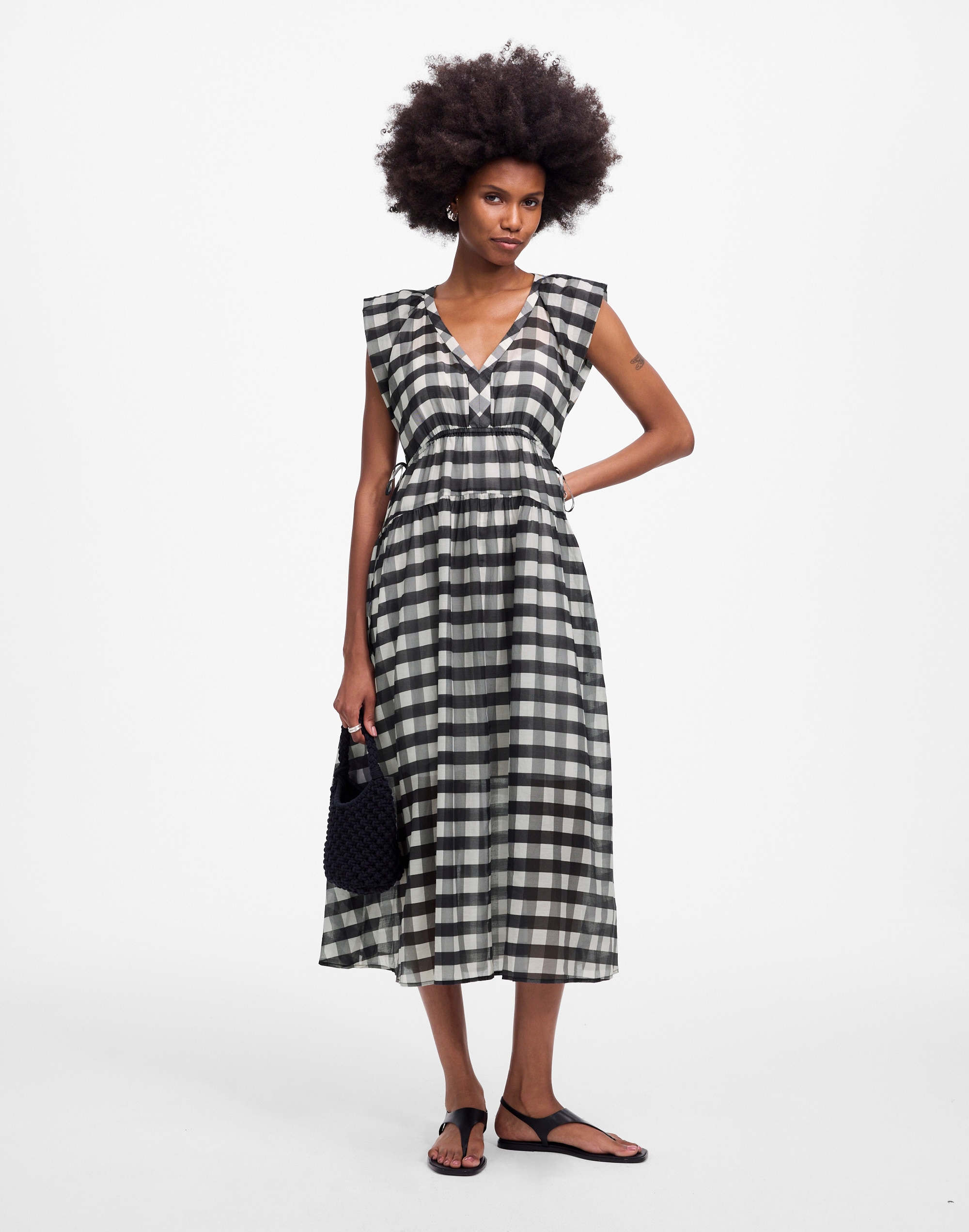 Sheer V-Neck Dolman Maxi Dress in Gingham