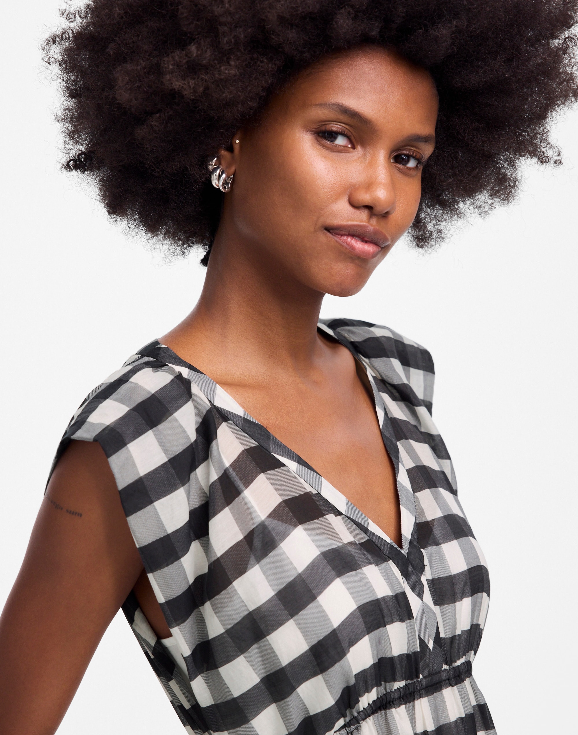 Sheer V-Neck Dolman Maxi Dress in Gingham