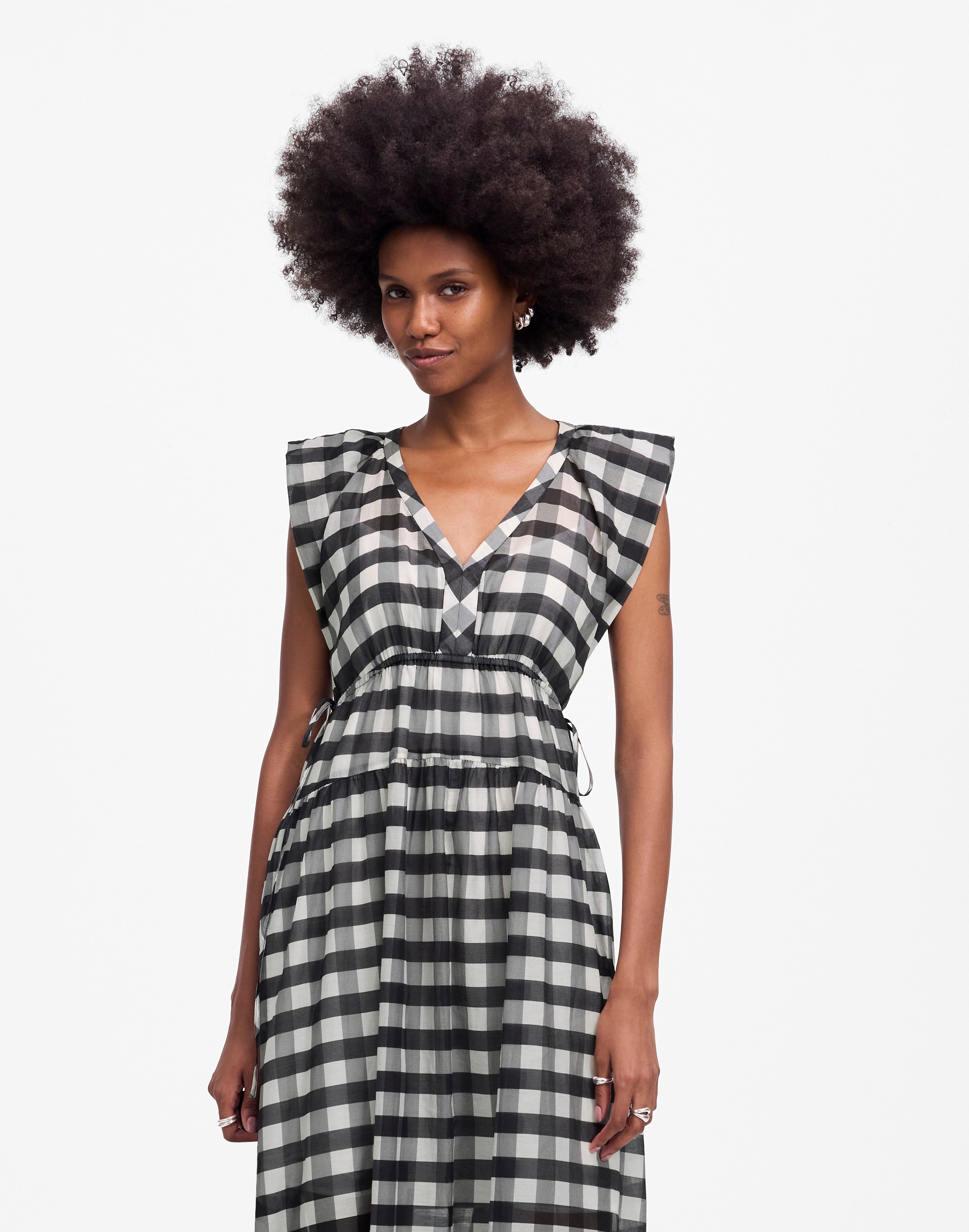 sheer v-neck dolman maxi dress in gingham