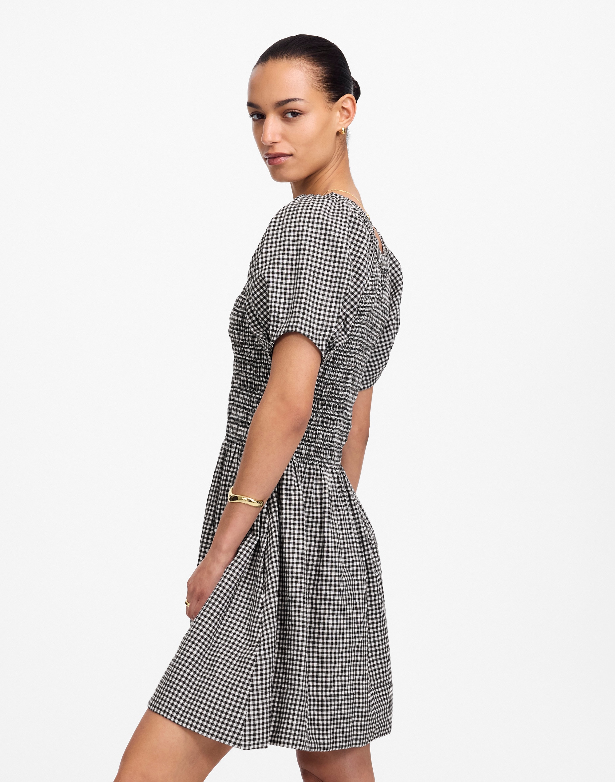 Smocked U-Neck Mini Dress in Gingham