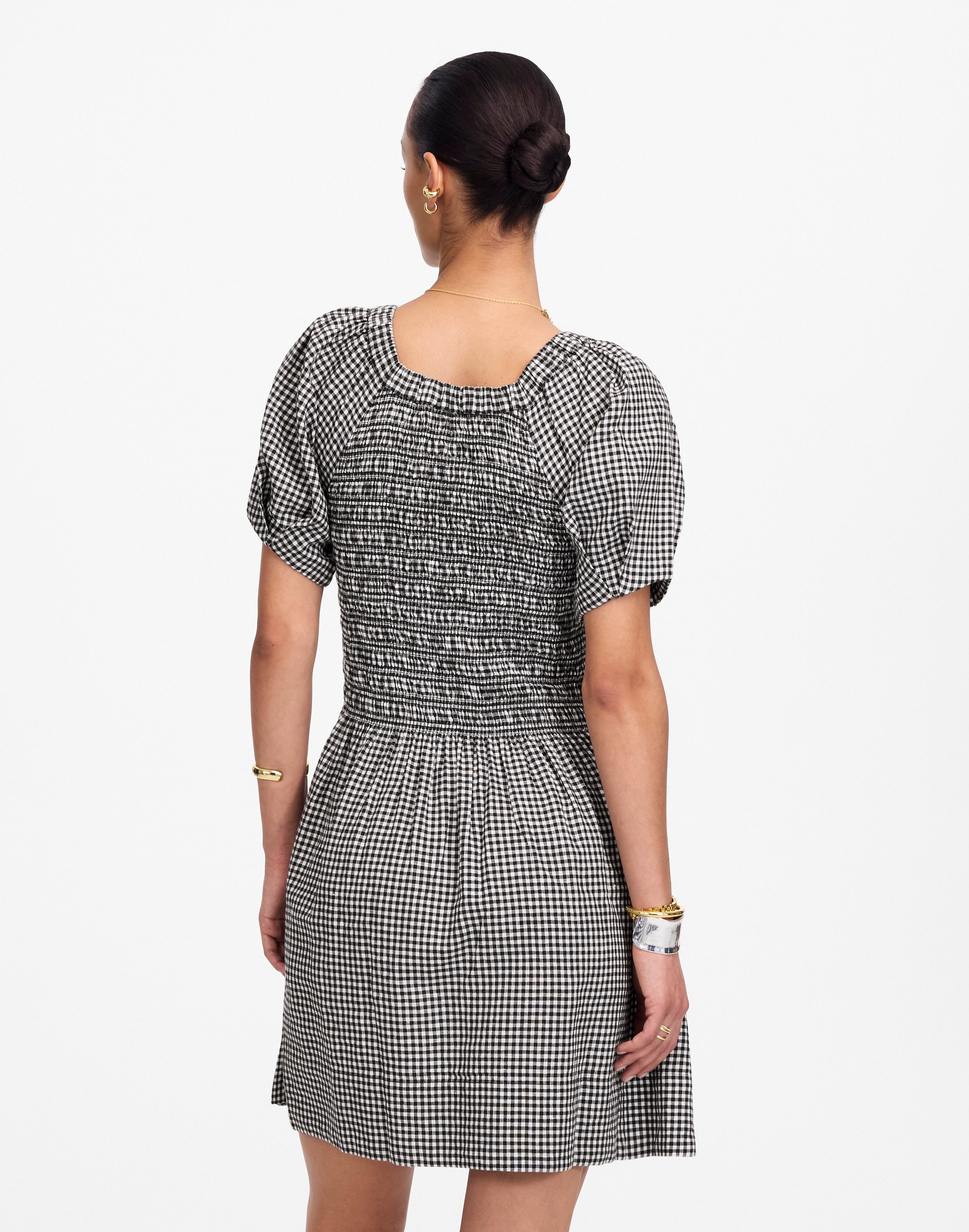 Smocked U-Neck Mini Dress in Gingham