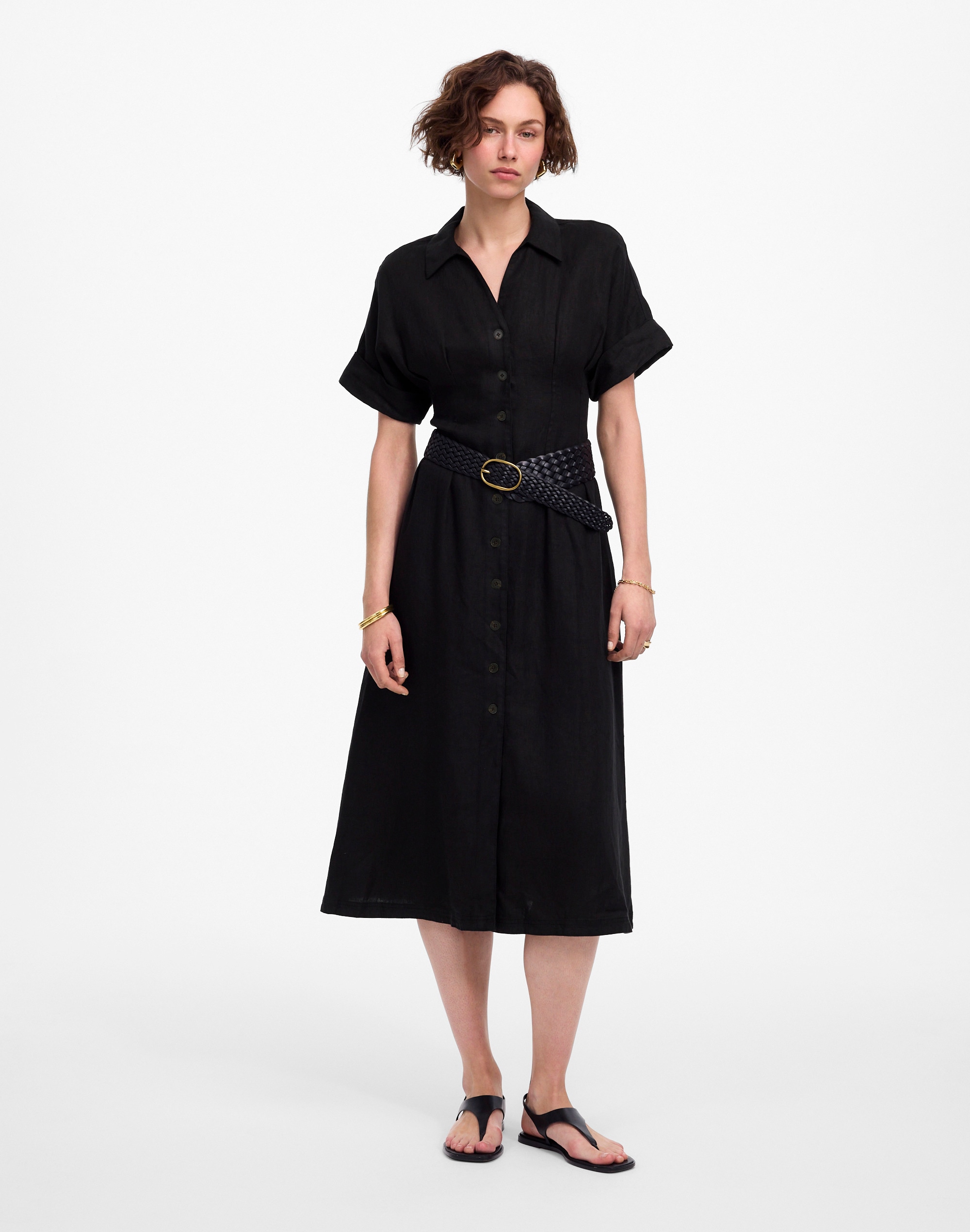 Pleated Midi Shirtdress in 100% Linen