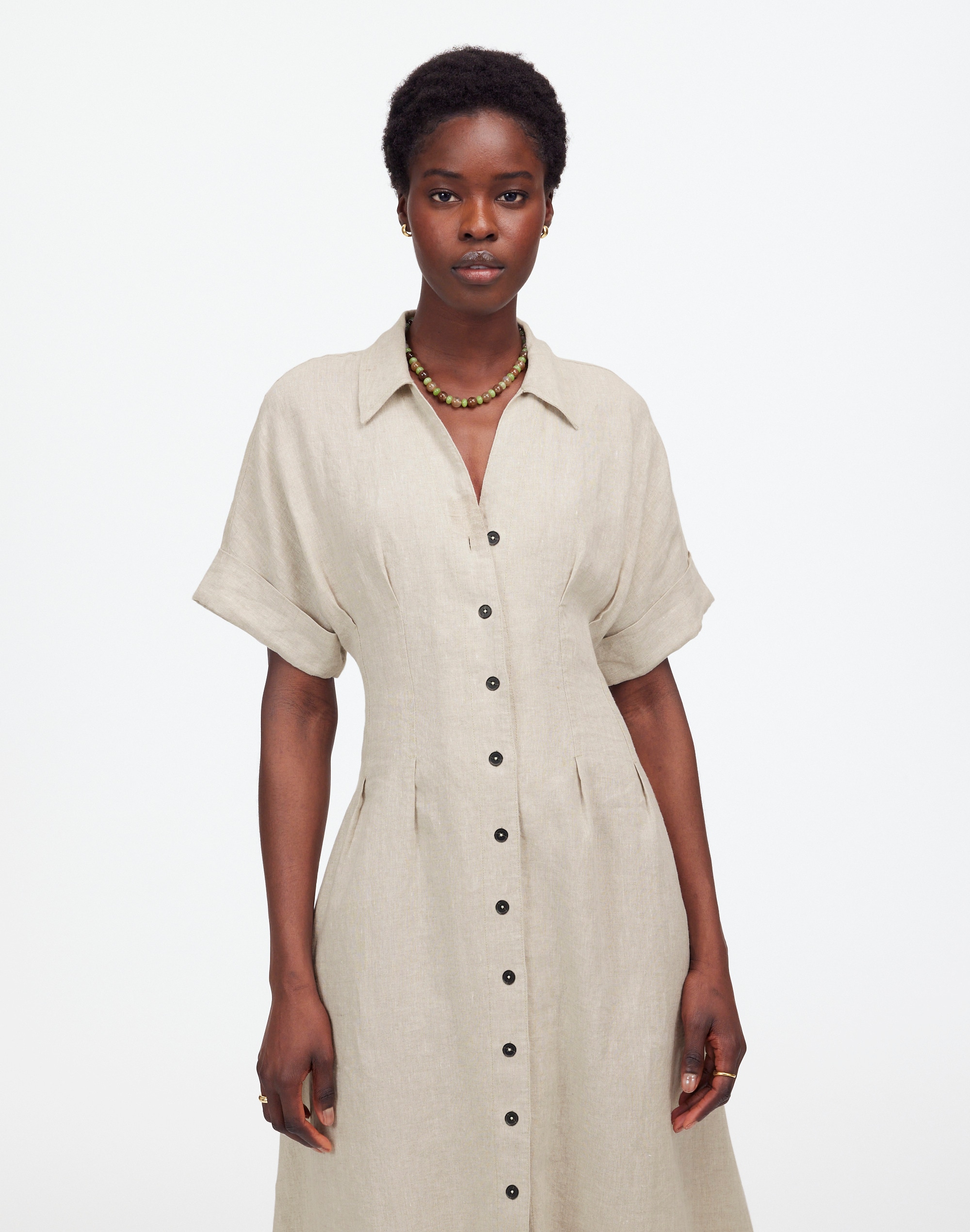 Pleated Midi Shirtdress in 100% Linen