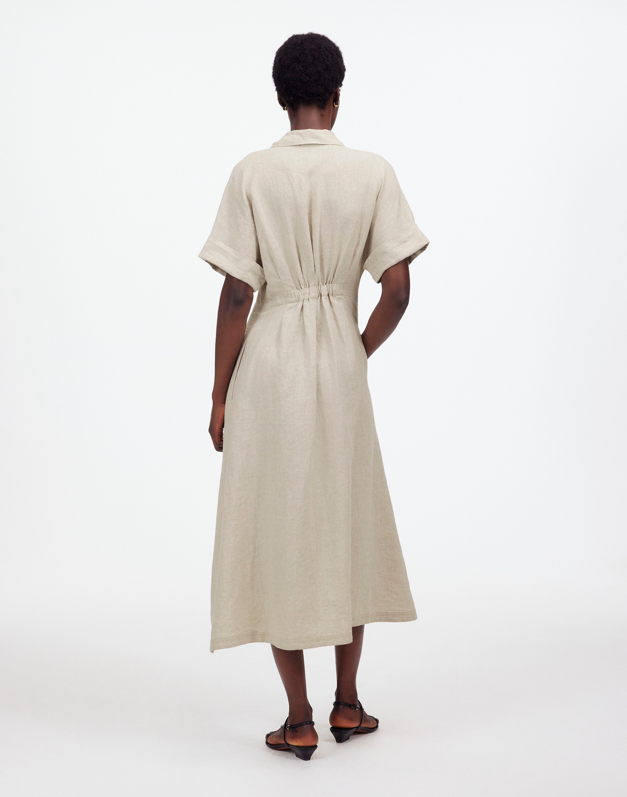 Petite Pleated Button-Front Midi Shirtdress in 100% Linen