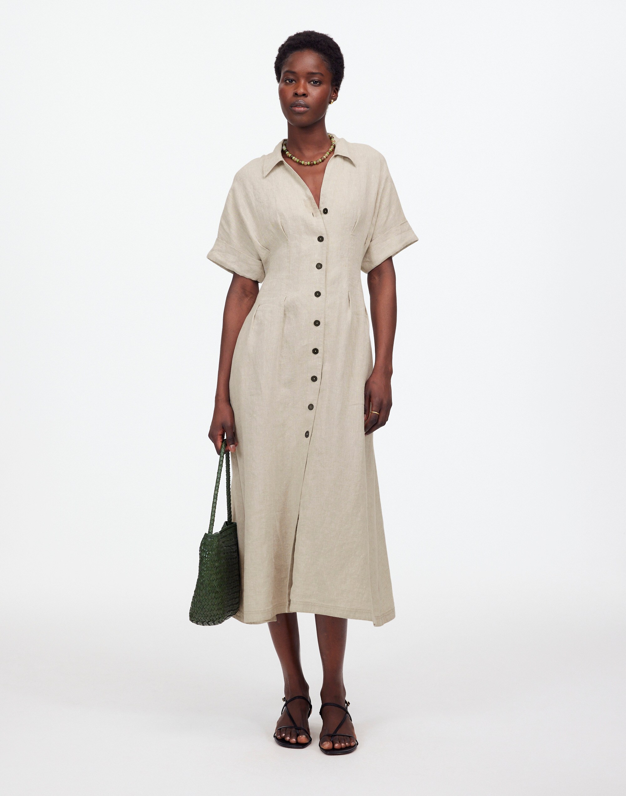 Petite Pleated Button-Front Midi Shirtdress in 100% Linen
