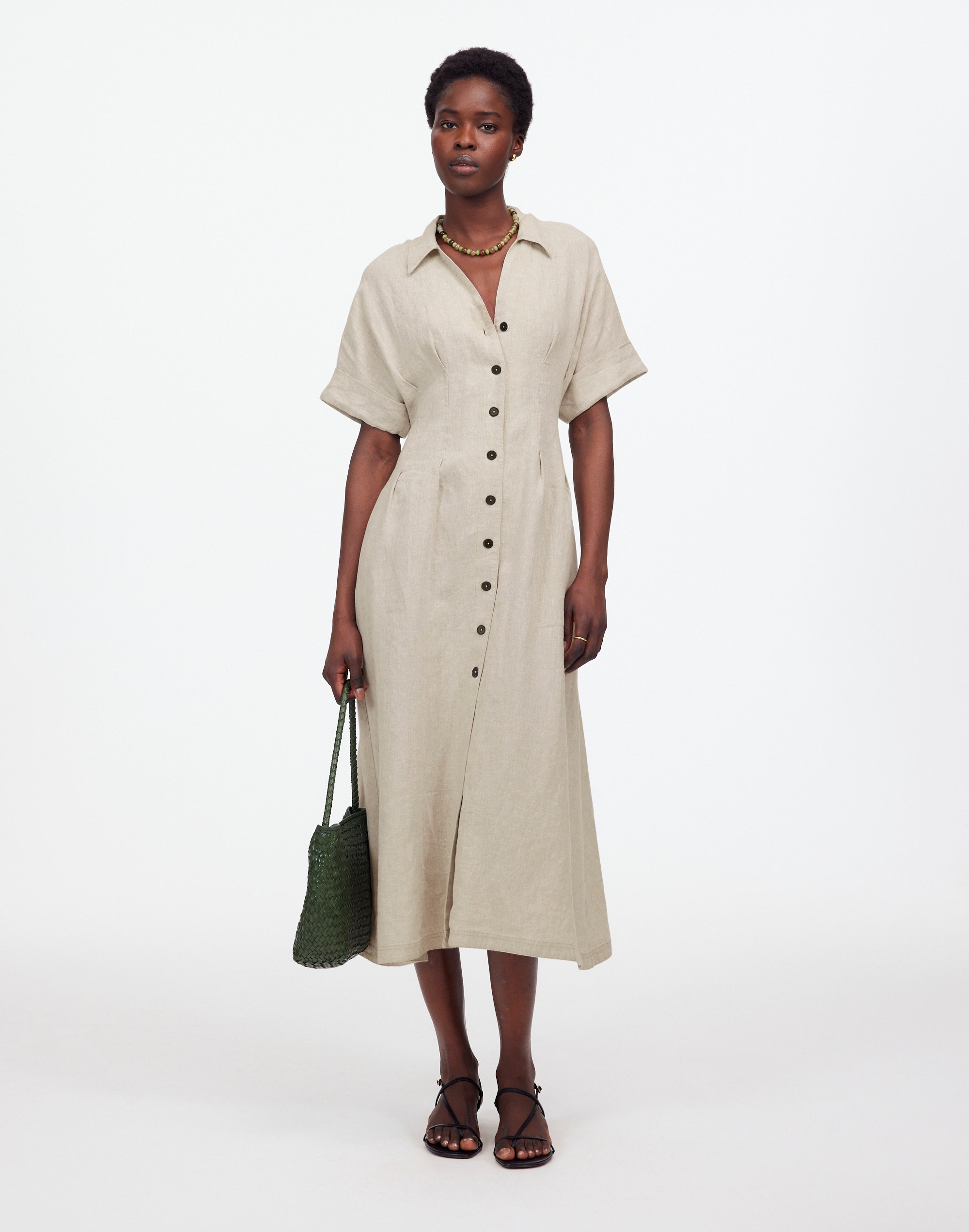Pleated Midi Shirtdress in 100% Linen