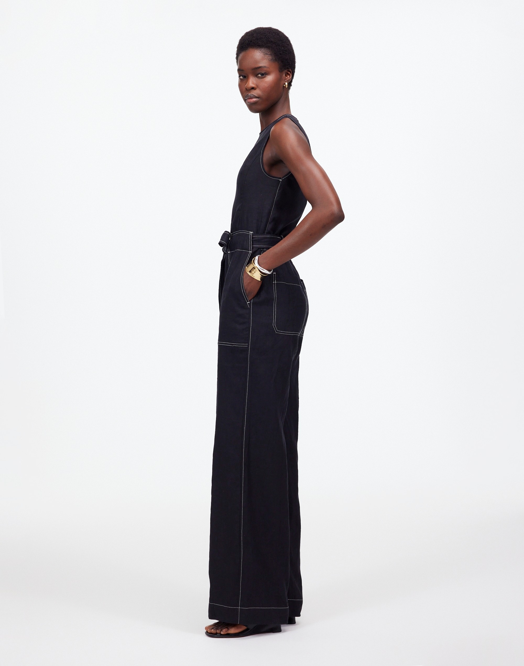 Contrast-Stitch Relaxed Straight-Leg Jumpsuit in Linen