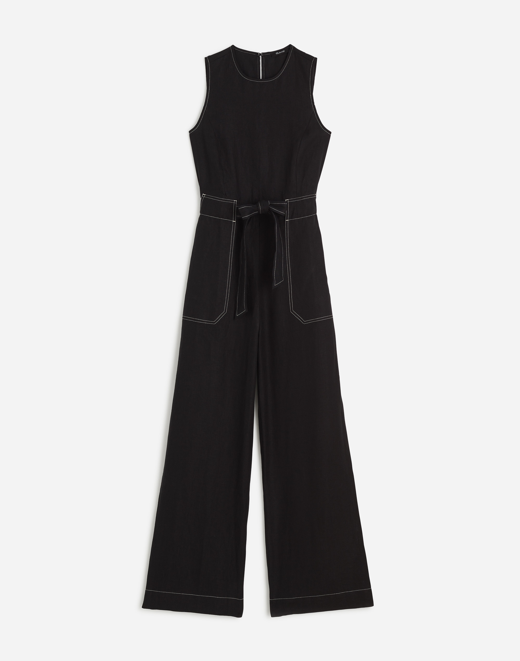 Contrast-Stitch Relaxed Straight-Leg Jumpsuit in Linen