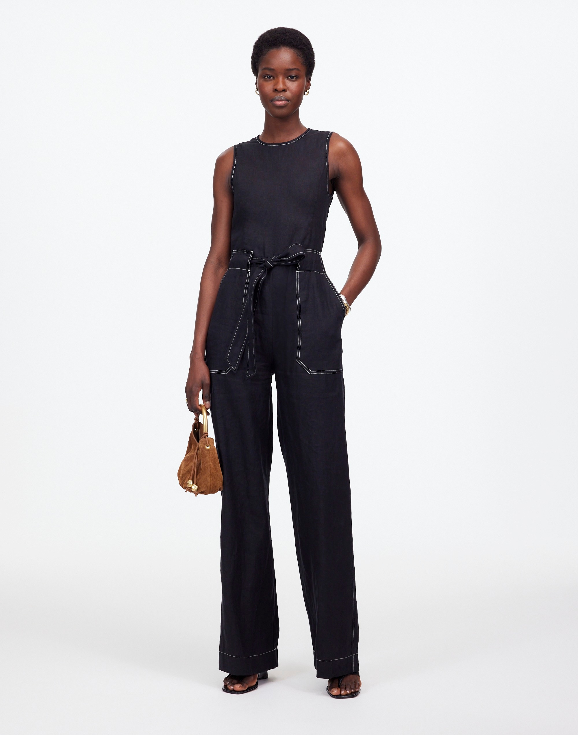 Contrast-Stitch Relaxed Straight-Leg Jumpsuit in Linen