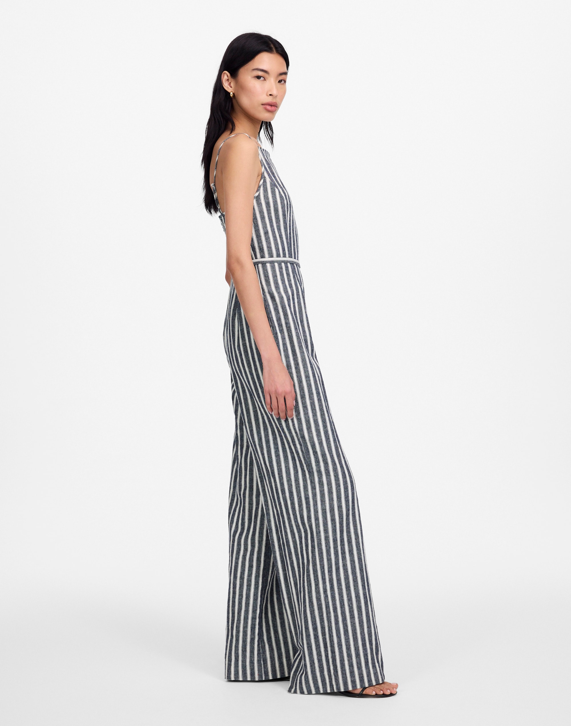 Pleated Wide-Leg Jumpsuit in Pinstripe Linen