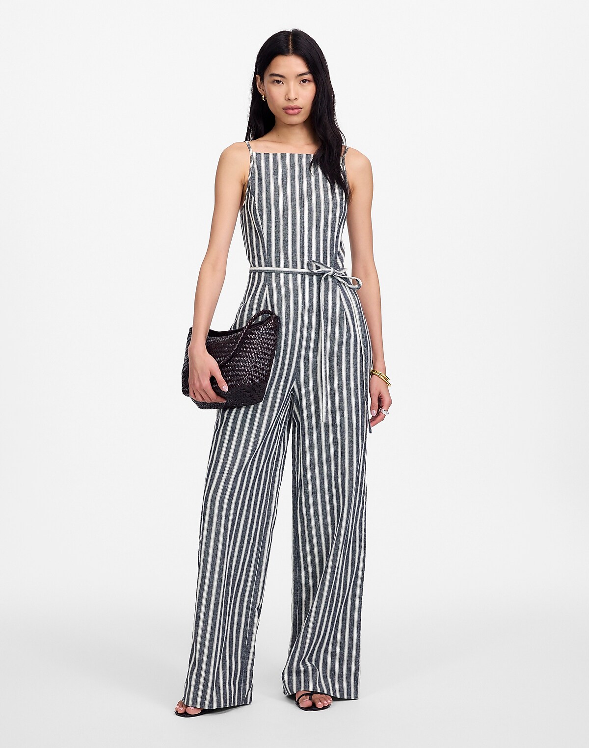Pleated Wide-Leg Jumpsuit in Pinstripe Linen
