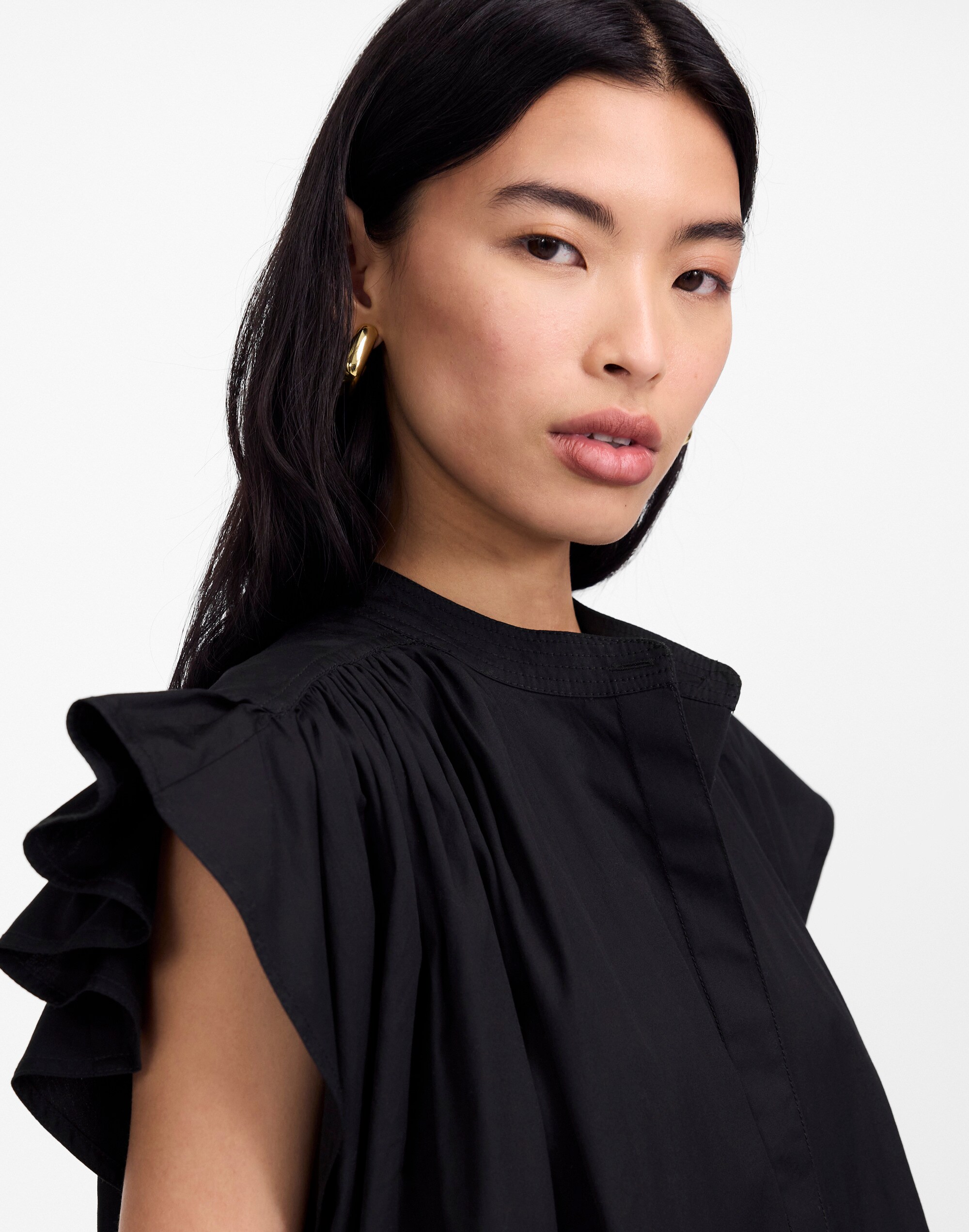 Flutter Sleeve Button-Front Mini Dress in Poplin