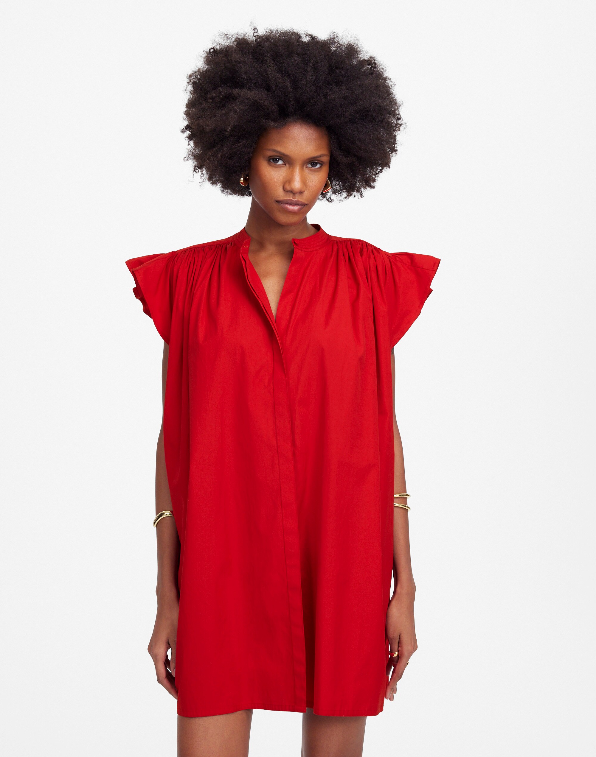 Flutter Sleeve Button-Front Mini Dress in Poplin