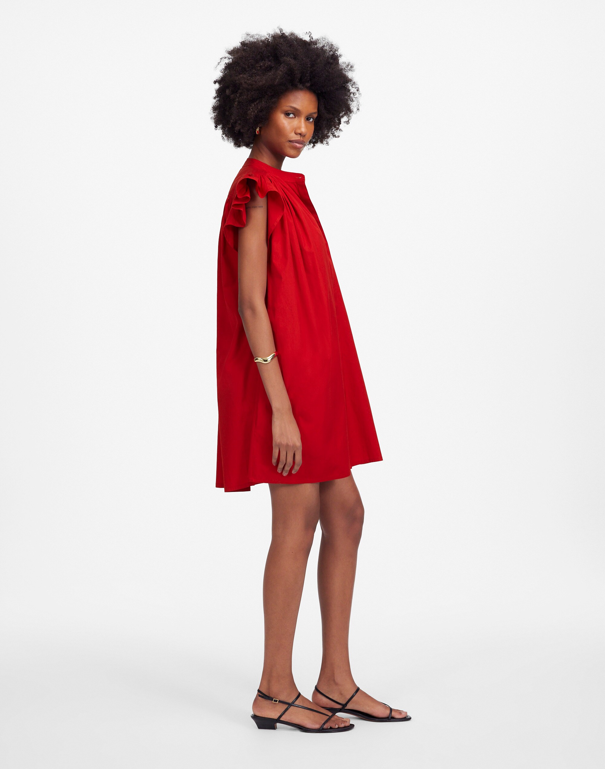 Flutter Sleeve Button-Front Mini Dress in Poplin