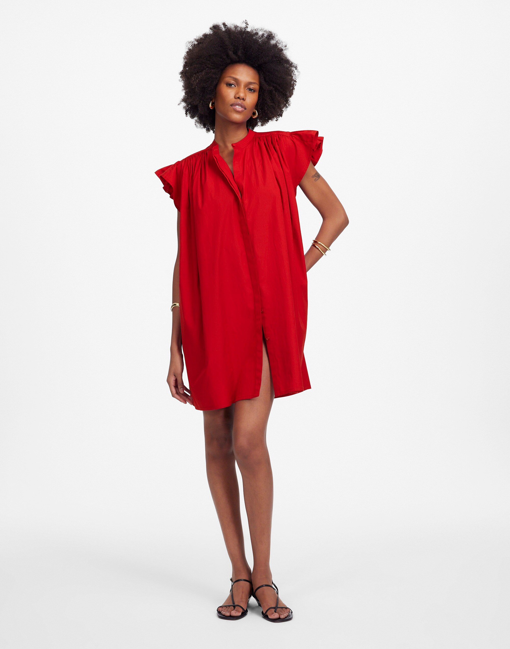 Flutter Sleeve Button-Front Mini Dress in Poplin