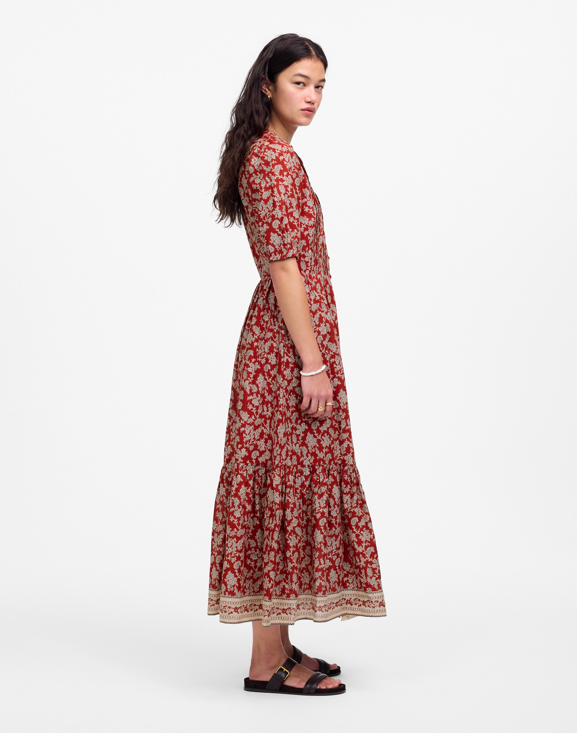 Pintucked Puff-Sleeve Midi Dress in Floral