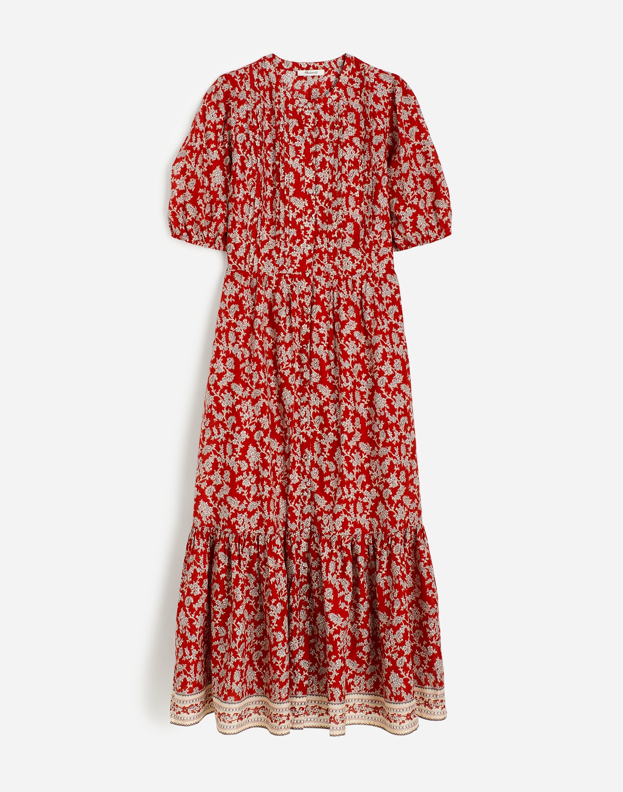 Pintucked Puff-Sleeve Midi Dress in Floral